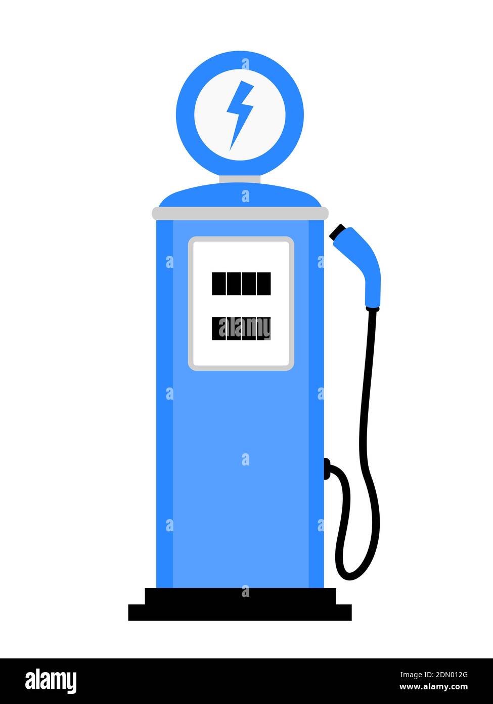 Old retro and vintage fuel station with outlet to charge electric vehicle. E-mobility and charging on the station. Vector illustration isolated on whi Stock Photo