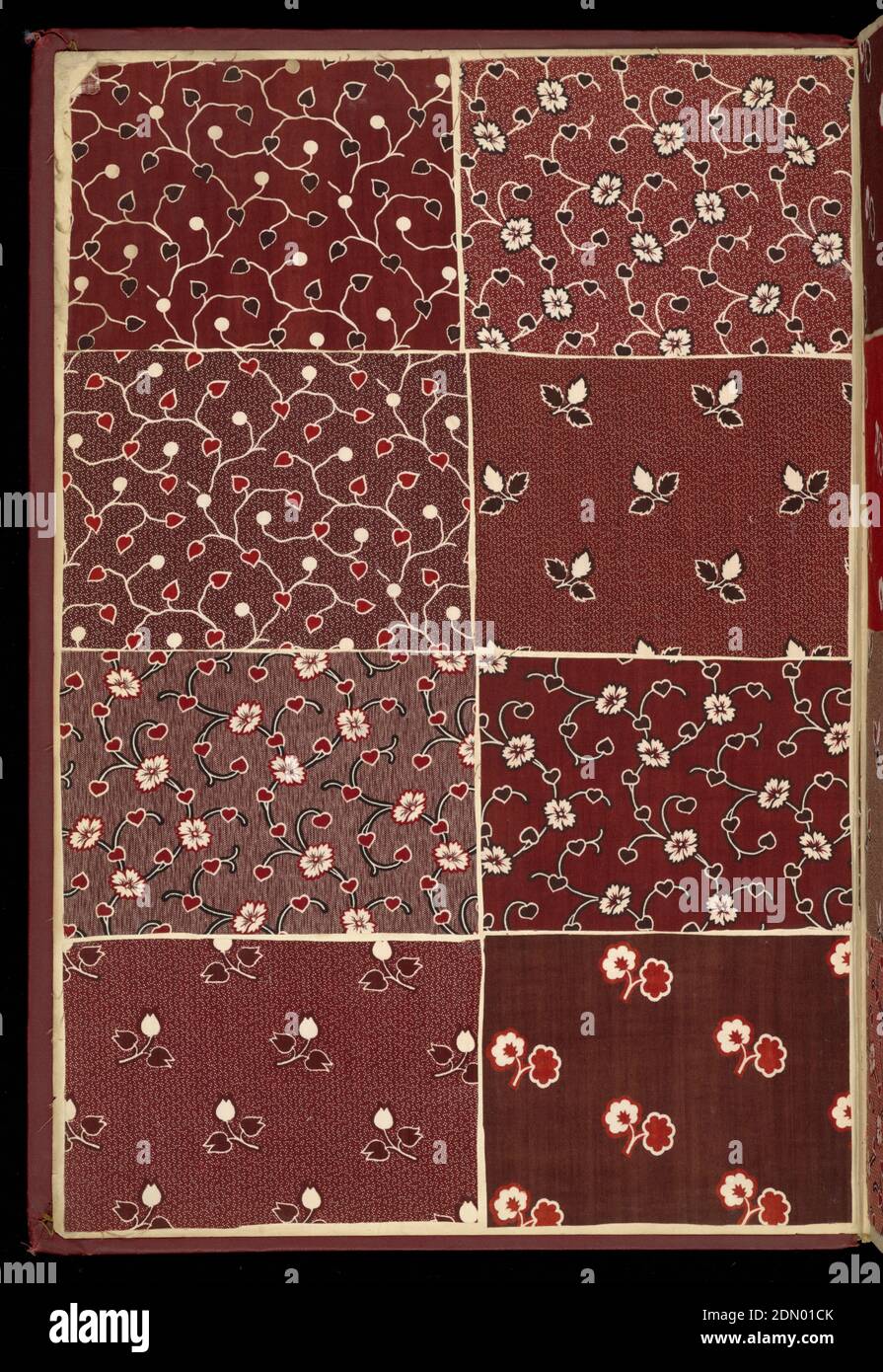 Sample book, Medium: paper, printed cotton textile samples, Oversized red cloth bound book with 2,239 French textile samples. Very good condition and quality. Predominantly dark colors and earth tones., France, 1850, sample books, Sample book Stock Photo