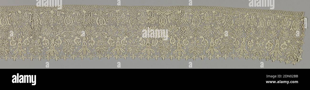 Border, Medium: linen Technique: punto in aria needle lace, Border patterned by a symmetrical standing flower plant that is derived from a 17th century plant., 18th century, lace, Border Stock Photo
