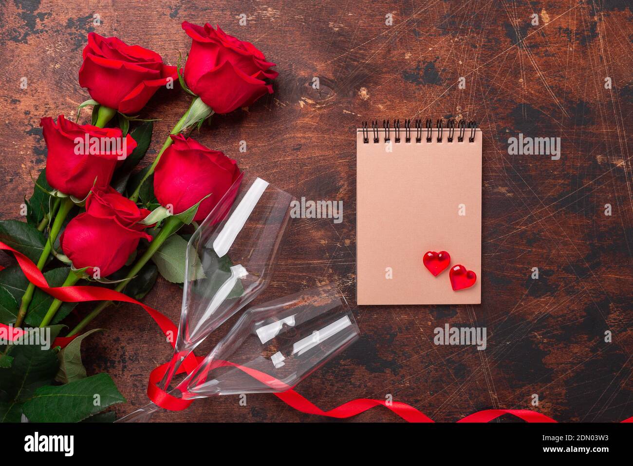 Valentine's day greeting card with red rose flowers and champagne ...