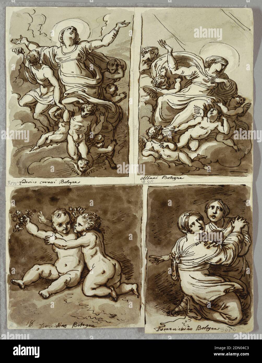 Lunette with St. Peter and St.Paul with St. Matthew and the Prophet Isaiah, Study after Sebastiano del Piombo, Felice Giani, Italian, 1758–1823, Pen and ink, brush and brown wash, over black chalk on white wove paper, Upper left, the Virgin, with arms extended, born heavenwards through clouds by eight angels and cherubim. Upper right, Virgin born heavenwards, supported by four winged putti, with another angel at upper left. Lower left, two putti, one seated, and other kneeling, holding sprays of flowers. Lower right, two kneeling women, embracing., Italy, 1821–22, figures, Drawing Stock Photo