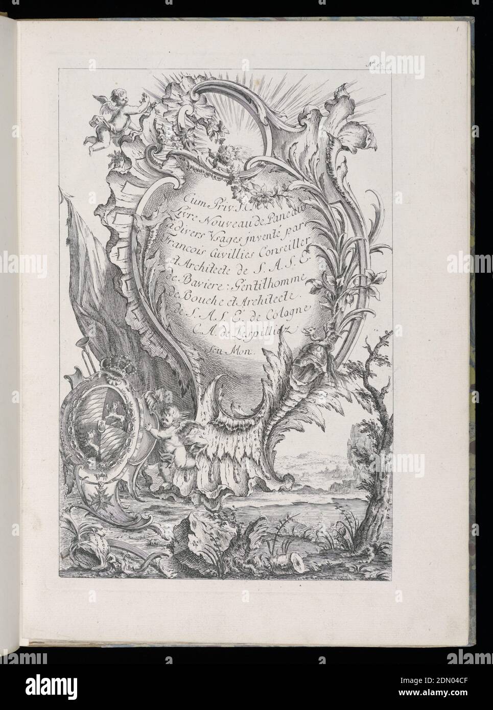 Title Plate, Livre Nouveaux de Paneaux à divers usages (Book of New Panels for Various Uses), François de Cuvilliés the Elder, Belgian, active Germany, 1695 - 1768, Carl Albert von Lespilliez, German, 1723 - 1796, François de Cuvilliés the Elder, Belgian, active Germany, 1695 - 1768, Engraving on off-white laid paper, Folio 2, title, plate 1 of series of 6. Second page of frontispiece of book. Within rectangular framing lines, a cartouche in Rococo style with winged putti at top and bottom, the putto figure at lower left supporting a crowned coat of arms. Printed text within cartouche., Munich Stock Photo
