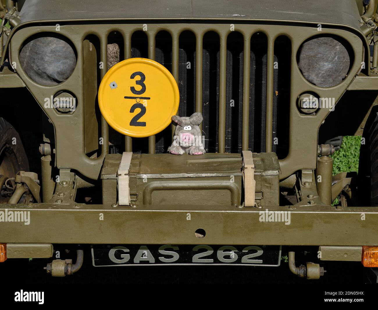 The distinctive grill of a World War 2 Willys Jeep adorned with a pig  mascot Stock Photo - Alamy