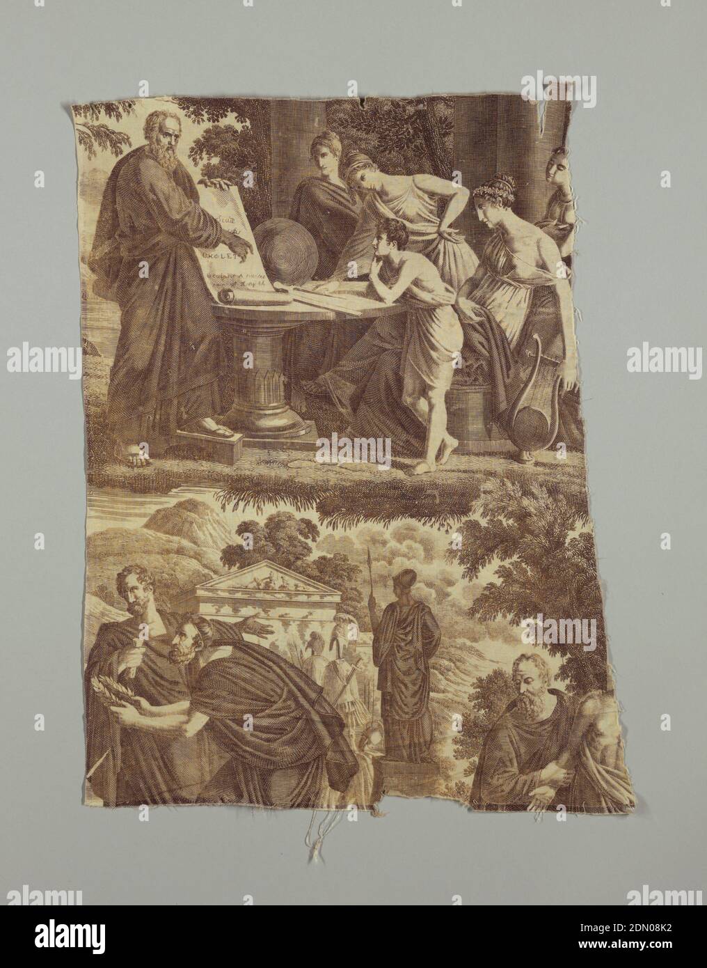 Les Lois de Lycurgue, Cholet, Favre Petitpierre, (France, 1802–1818), Medium: cotton Technique: printed by engraved plate on plain weave, Three scenes (one complete only when lengths would be sewn together) of Lycurgus teaching the youth of Sparta. Full repeat not present. A and B are necessary to complete a partial width., Nantes, France, ca. 1825, printed, dyed & painted textiles, Fragments, Fragments Stock Photo