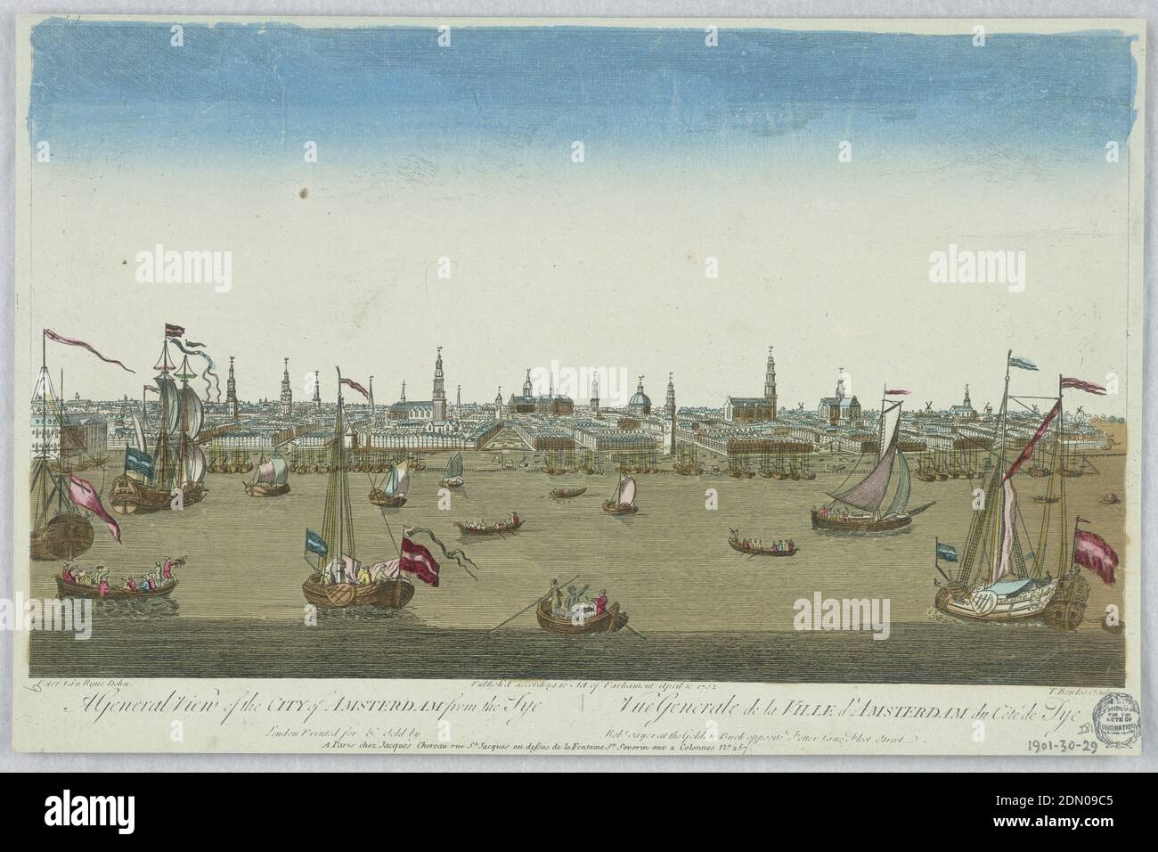 Peep-show, Vue Generale de la Ville d'Amsterdan du Côté de Tye (A General View of the City of Amsterdam from the Tye), Thomas Bowles, British, 1712 - after 1753, Peter Van Ryne, Engraving in ink with washes of watercolor on paper, mounted on scrapbook page, Peep-show print, France, 1752, Print Stock Photo