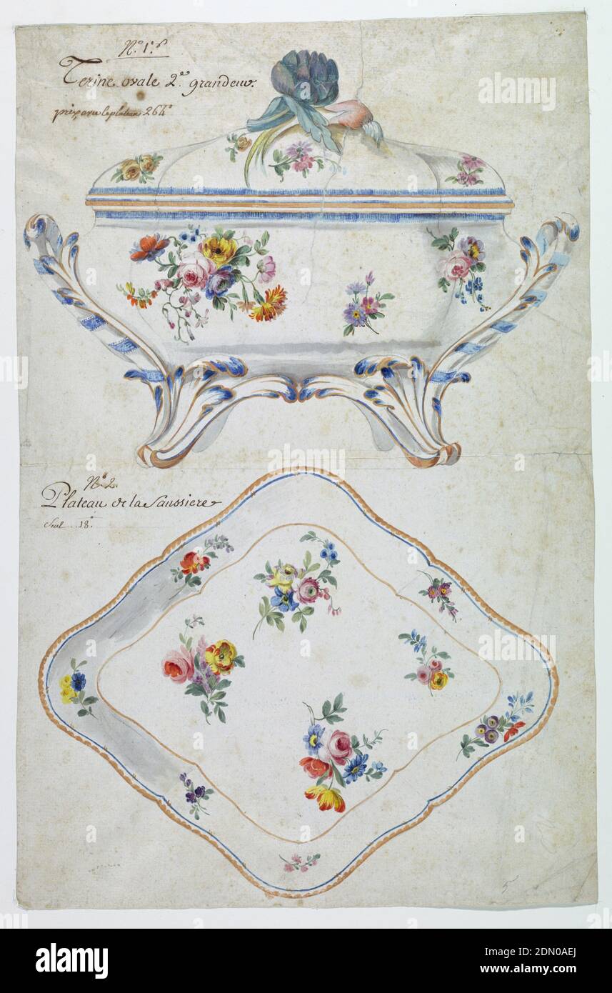 Design for a Painted Porcelain Tureen and Tray, Brush and watercolor, black chalk on cream laid paper, Covered tureen shown in elevation (above) with tray (below). Tureen with ovoid bowl on foliated legs from which rise rod-shaped handles with entwined bands of ribbon and leaves. Floral sprays in yellow, red and blue of roses, ranuculluses, and daisies on the body of the bowl, cover, and tray; cover with floral knop. Lozenge-shaped tray with floral decoration and bands., France, ca. 1750, ceramics, Drawing Stock Photo