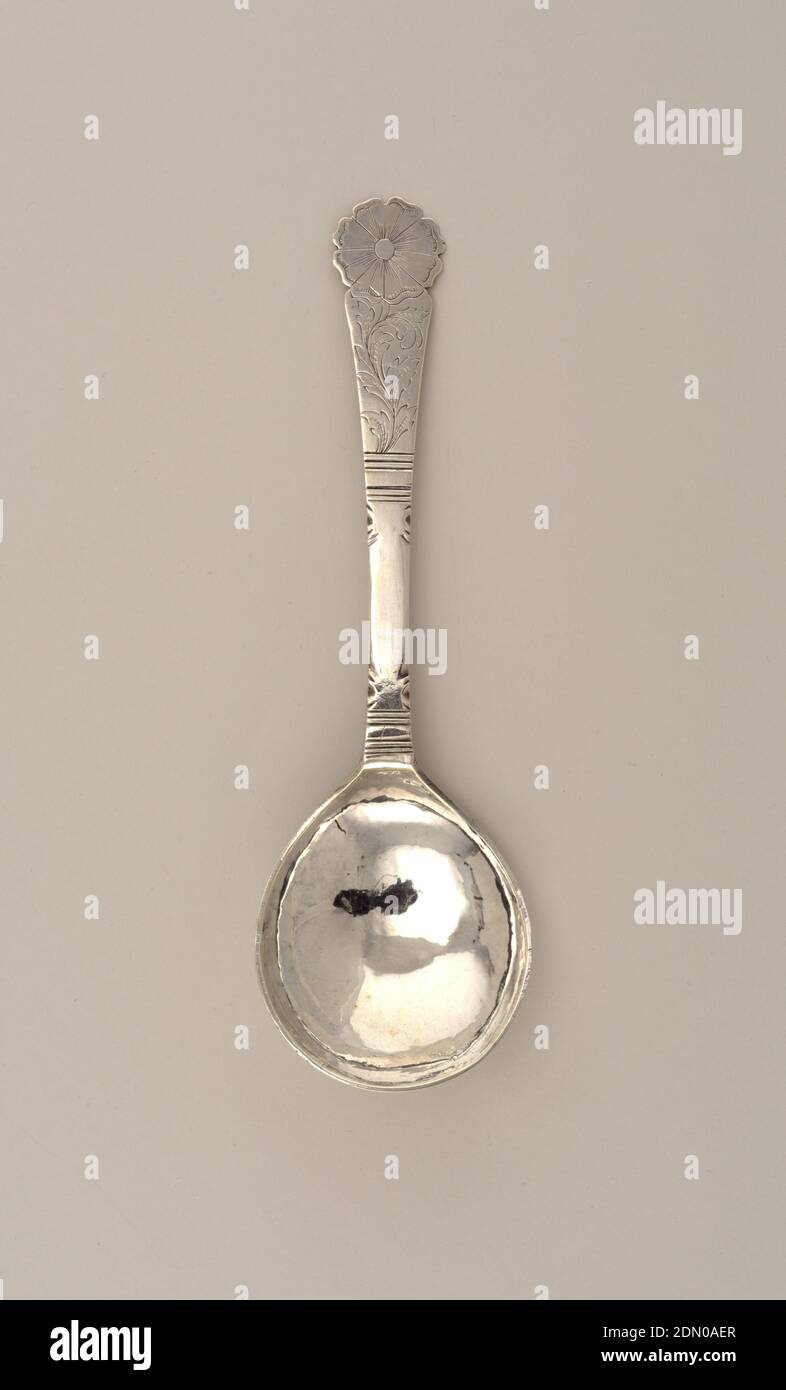 Spoon, Silver, A spoon with rounded fig-form bowl, the flat stem flaring to flower-form terminal. The obverse of the stem engraved with scrolling foliage topped by engraved flower head. The reverse of the terminal engraved with flower heads and foliage. The reverse of the bowl with foliate terminated arc., possibly Bergen, Norway, ca. 1700, cutlery, Decorative Arts, Spoon Stock Photo