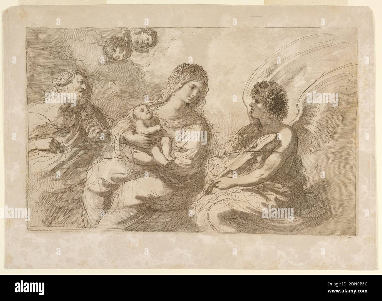 Virgin, Infant, and Joseph with an Angel Playing on a Violin, Francesco Bartolozzi, Italian, active England, 1727–1815, Giovanni Francesco Barbieri (called Guercino), Italian, 1591 – 1666, Engraving in brown ink on paper, The Virgin seated, with the Infant in her arms, watches the Angel to her left, playing the violin. Joseph, left, faces them both. Two putti, upper left, look down. Below, the artists' names., Italy, England, 1760-1770, Print Stock Photo