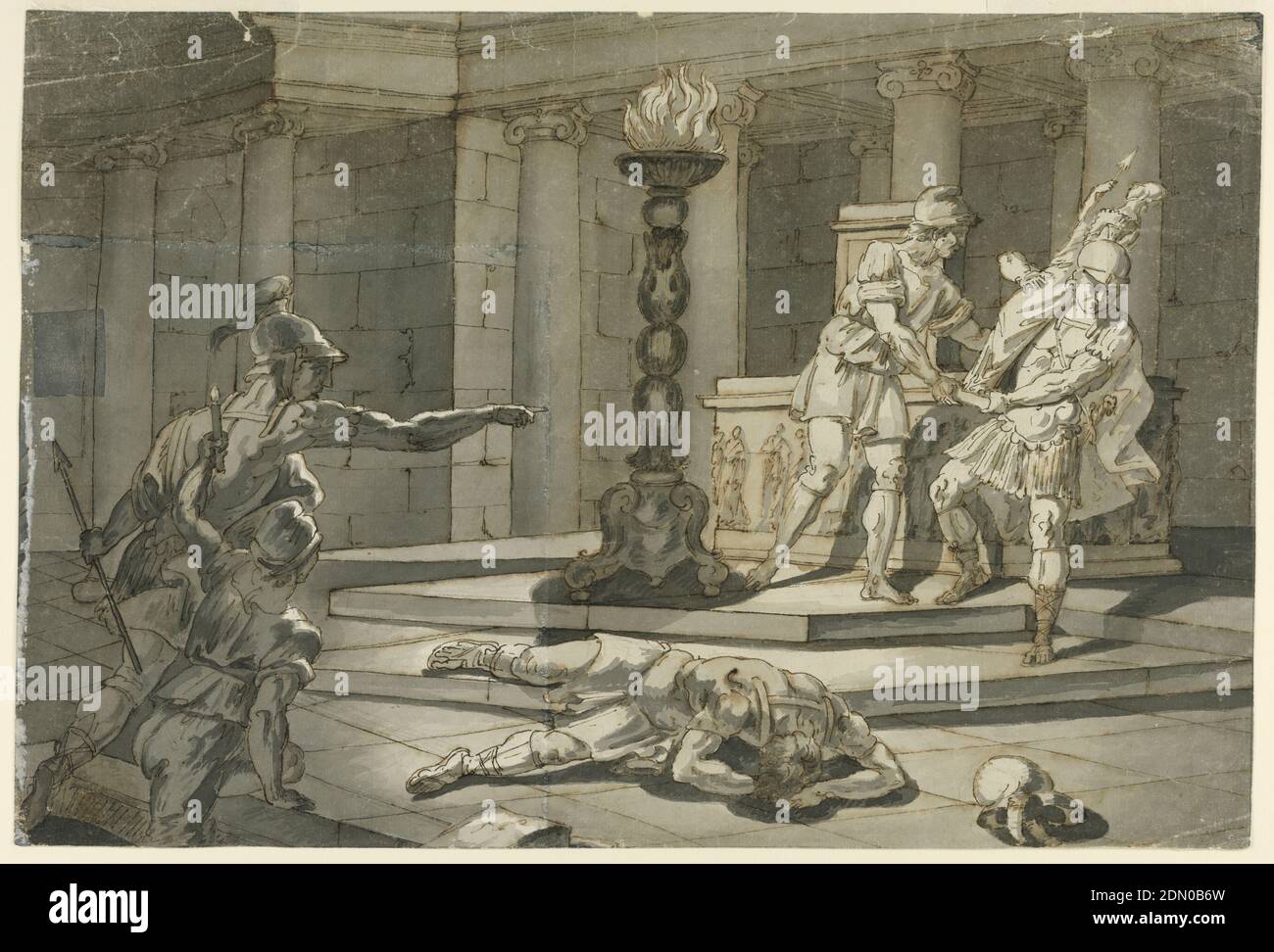 Scene of Roman Soldiers, Pen and brownish-black ink, brush and gray wash on cream paper, Interior scene of ancient Roman temple. Three figures in military garb. On right, soldier taking or stealing idol helped by a man in freemen’s clothes; on left, soldier pointing at thief with a second figure, while third soldier lies injured on the floor with helmet off., Italy, 1775–1800, figures, Drawing Stock Photo