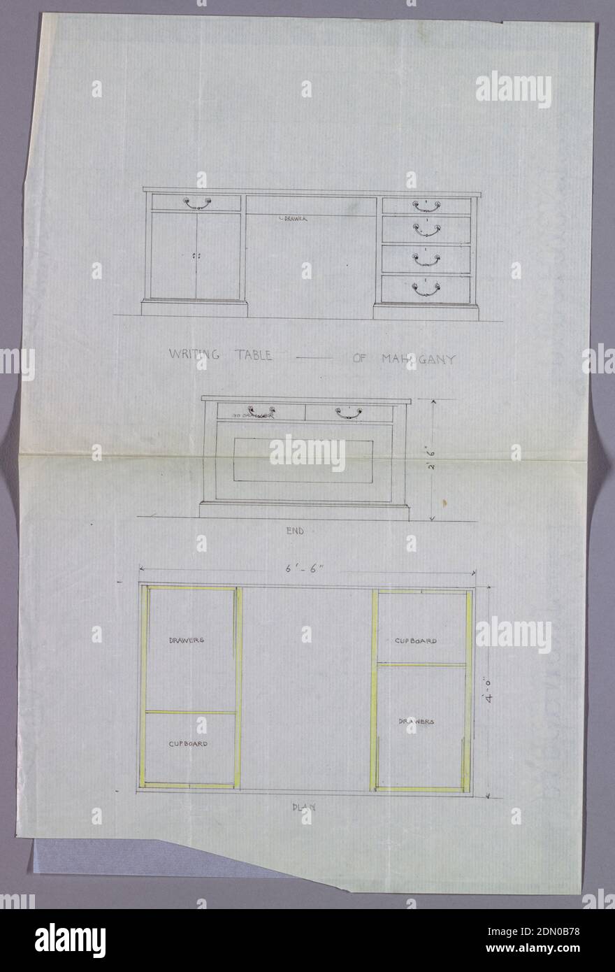 Design for Writing Table with Double-Door Cupboard at Left, in Three Views, A.N. Davenport Co., Graphite and yellow color pencil on thin cream paper, 1900–05, furniture, Drawing Stock Photo
