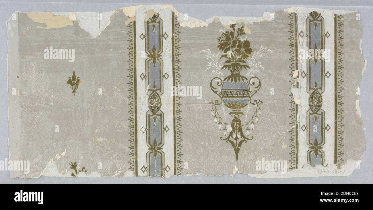 The Mary Leuly Stafford Paper, Machine-printed, Medallion stripe paper, with gold medallions on a gray background., 1850–75, Wallcoverings, Sidewall, Sidewall Stock Photo