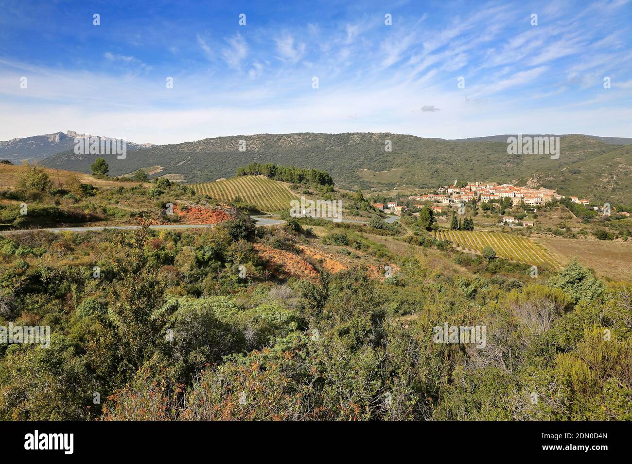 Cucugnan (south of France): overview of the village surrounded by vineyards in the Hautes-Corbieres area. Stock Photo