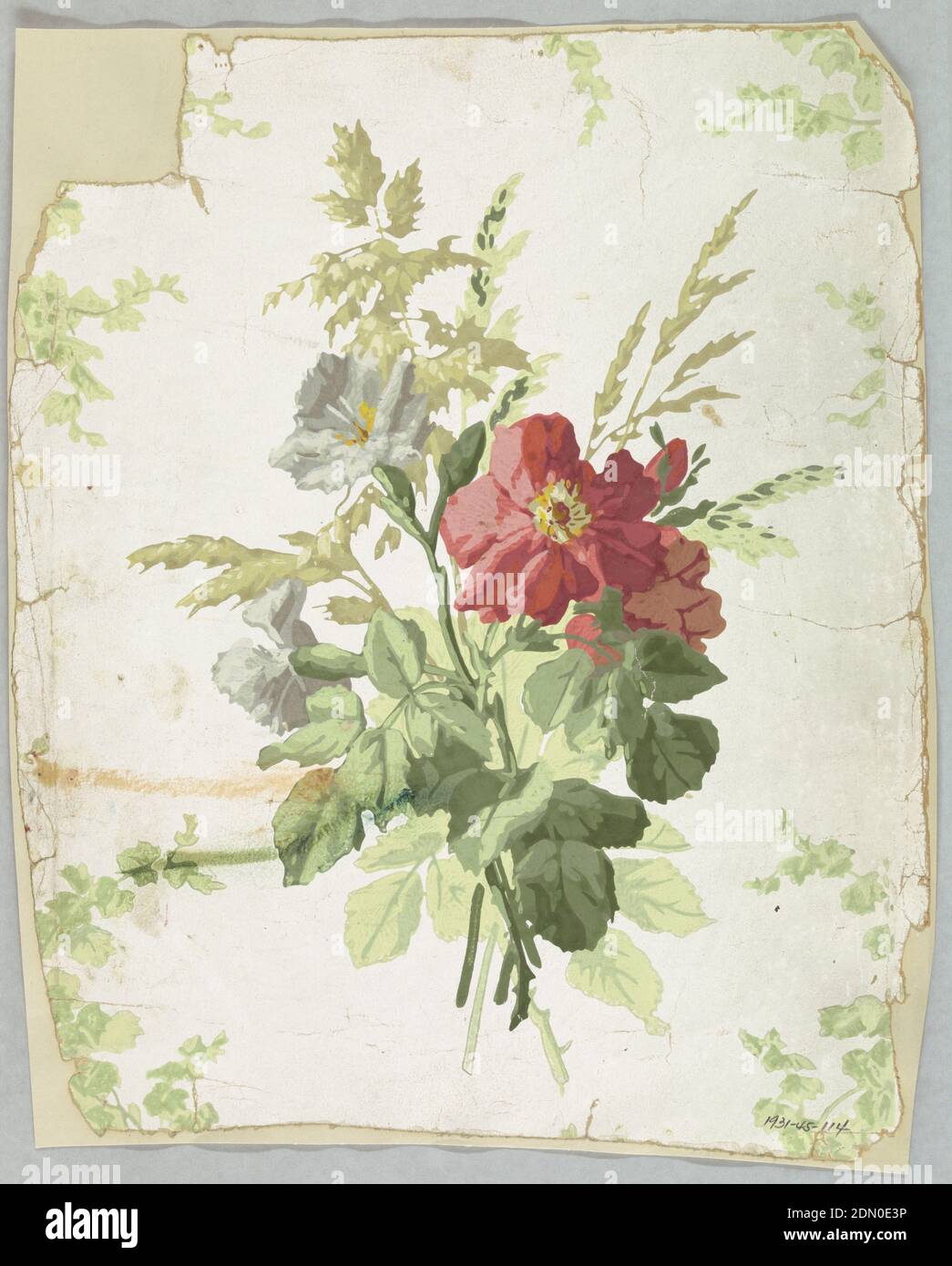 Sidewall, Block-printed on satin ground, Bouquet of flowers: red roses, blue-gray carnations with green leaves, and yellow-green field grasses. Printed in colors on white satin ground., USA, 1850–60, Wallcoverings, Sidewall Stock Photo
