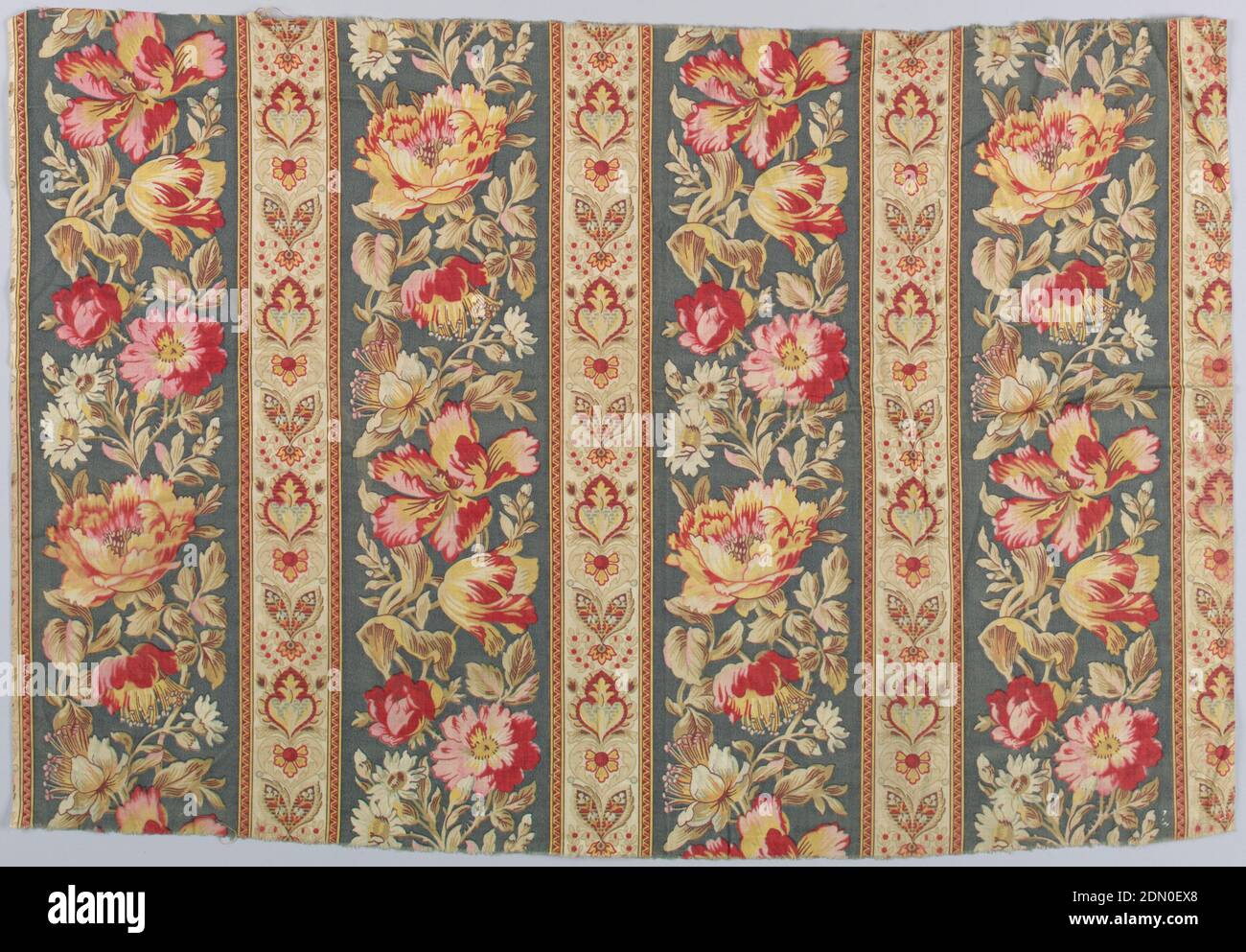 Textile, Medium: cotton Technique: printed by engraved roller on plain weave, Half dropped curving vine floral stripe on a dark grey background four inch wide alternating with a two inch wide stripe containing symmetrical floral forms. Full repeat length of wider floral stripe., Europe or USA, 1850–1900, printed, dyed & painted textiles, Textile Stock Photo