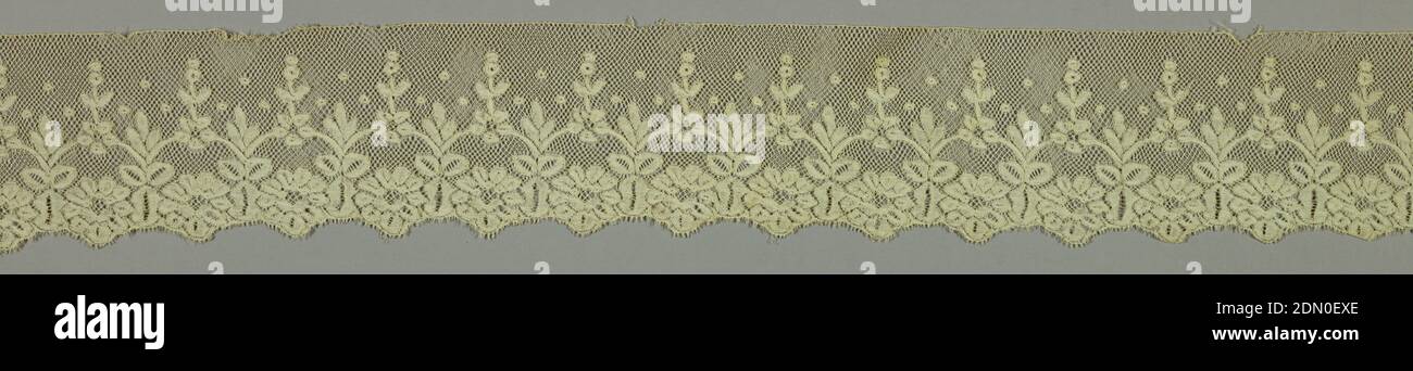 Band, Medium: linen Technique: bobbin lace (Valenciennes diamond ground), Border with a design of joined flower and leaf motifs with dots and a scalloped edge., France, 19th century, lace, Band Stock Photo