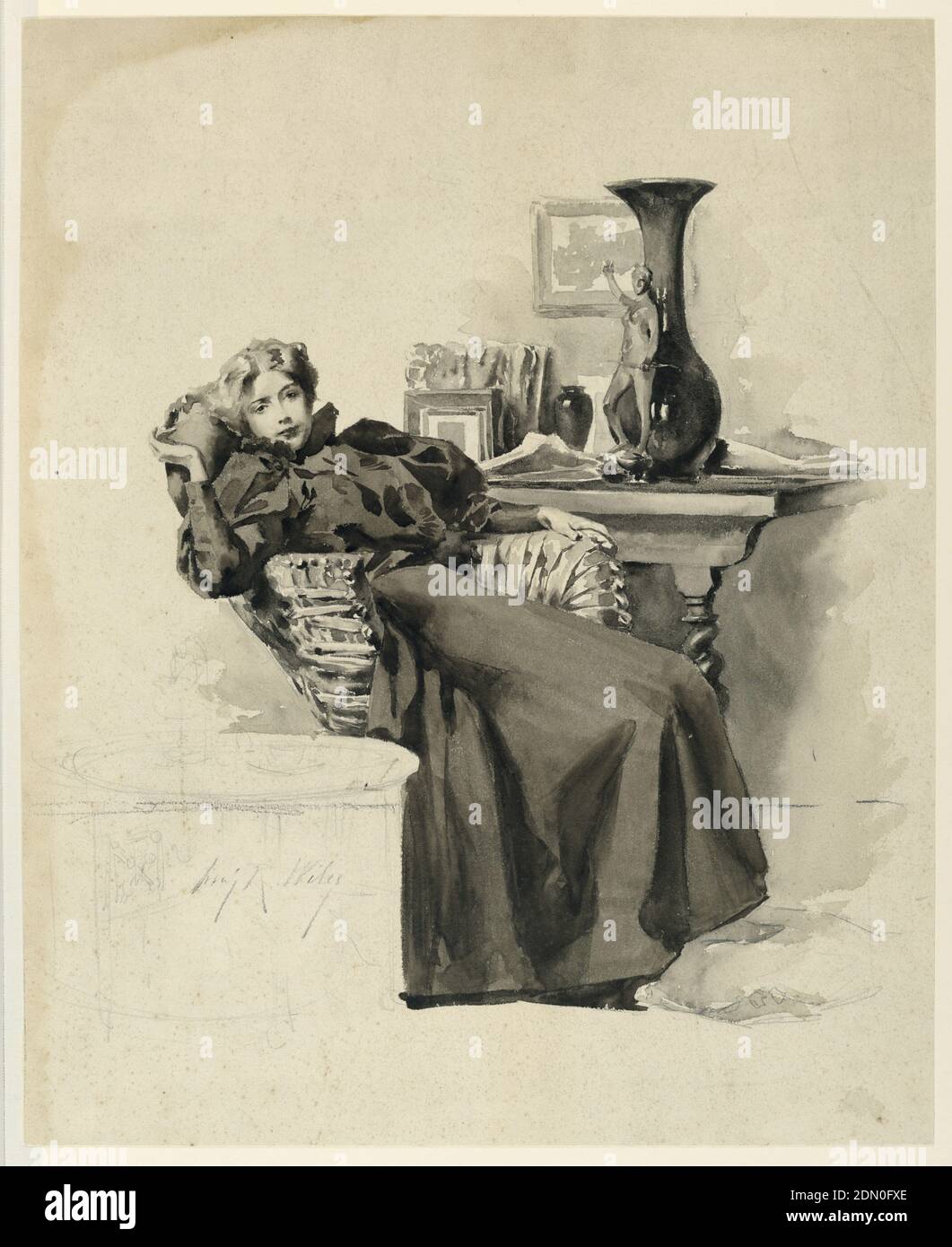Girl in a Wicker Chair, Irving Ramsey Wiles, American, 1861–1948, Brush and watercolor, graphite on illustration board, A woman, dressed in clothing from the 1890s, reclines in a wicker chair, a table with still life behind her. Another table with a tea pot and cup is lightly sketched in graphite, lower left., USA, ca. 1890, figures, Drawing Stock Photo