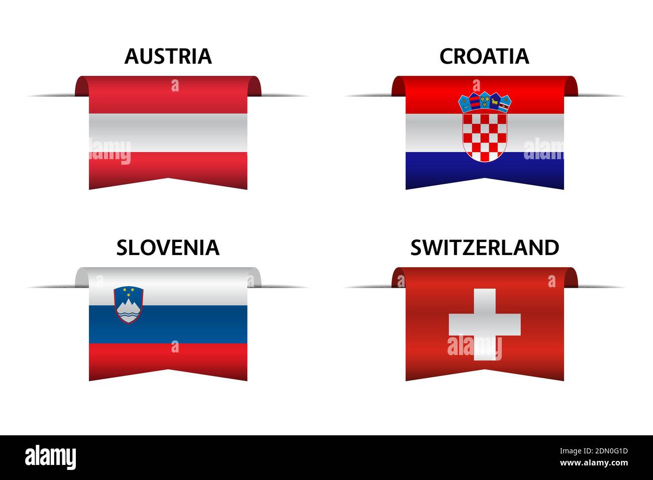 Set of four Austrian, Croatian, Slovenian and Swiss ribbons. Made in Austria, Made in Croatia, Made in Slovenia and Made in Switzerland stickers and l Stock Vector