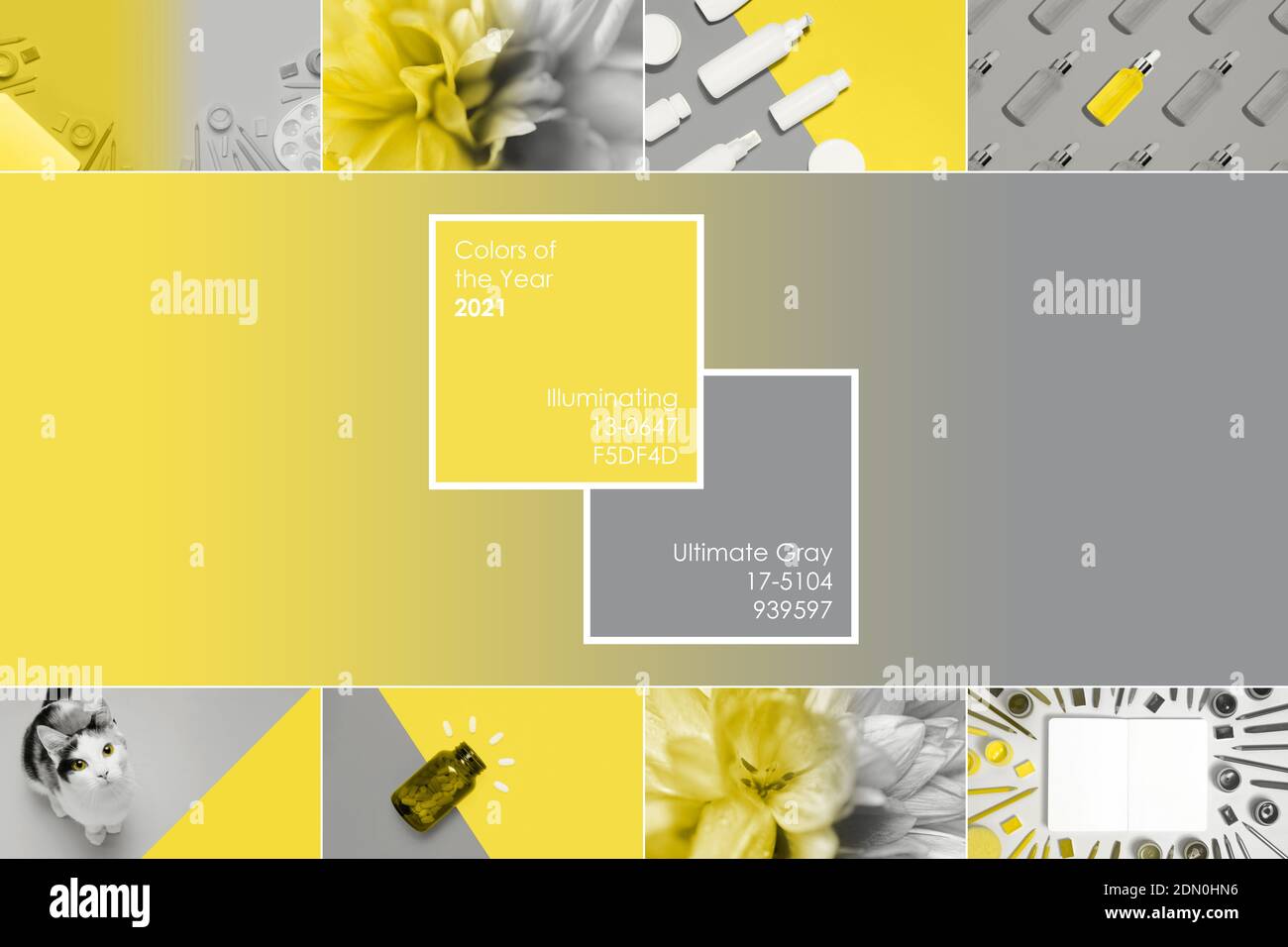 Collage demonstrating color of the year 2021 with frame and text. Trendy colors - Illuminating Yellow and Ultimate Grey Stock Photo