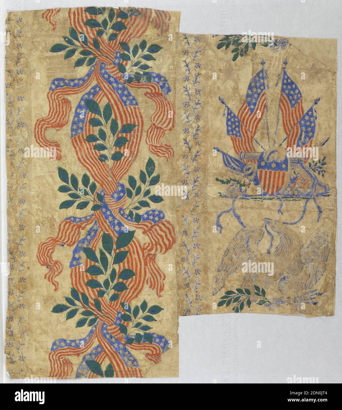 Sidewall, Machine-printed on cotton rag paper, 2 different designs mounted on support. Narrow band of blue foliate sprigs on left edge, with wider band of American flag ribbons forming guilloche design. Another narrow band of blue foliate sprigs, with wider band containing American flags, cannon, shield and drum, alternating with eagle holding arrows and laurel sprigs. Printed in red, blue and green on off-white ground., USA, 1840–1860, Wallcoverings, Sidewall Stock Photo