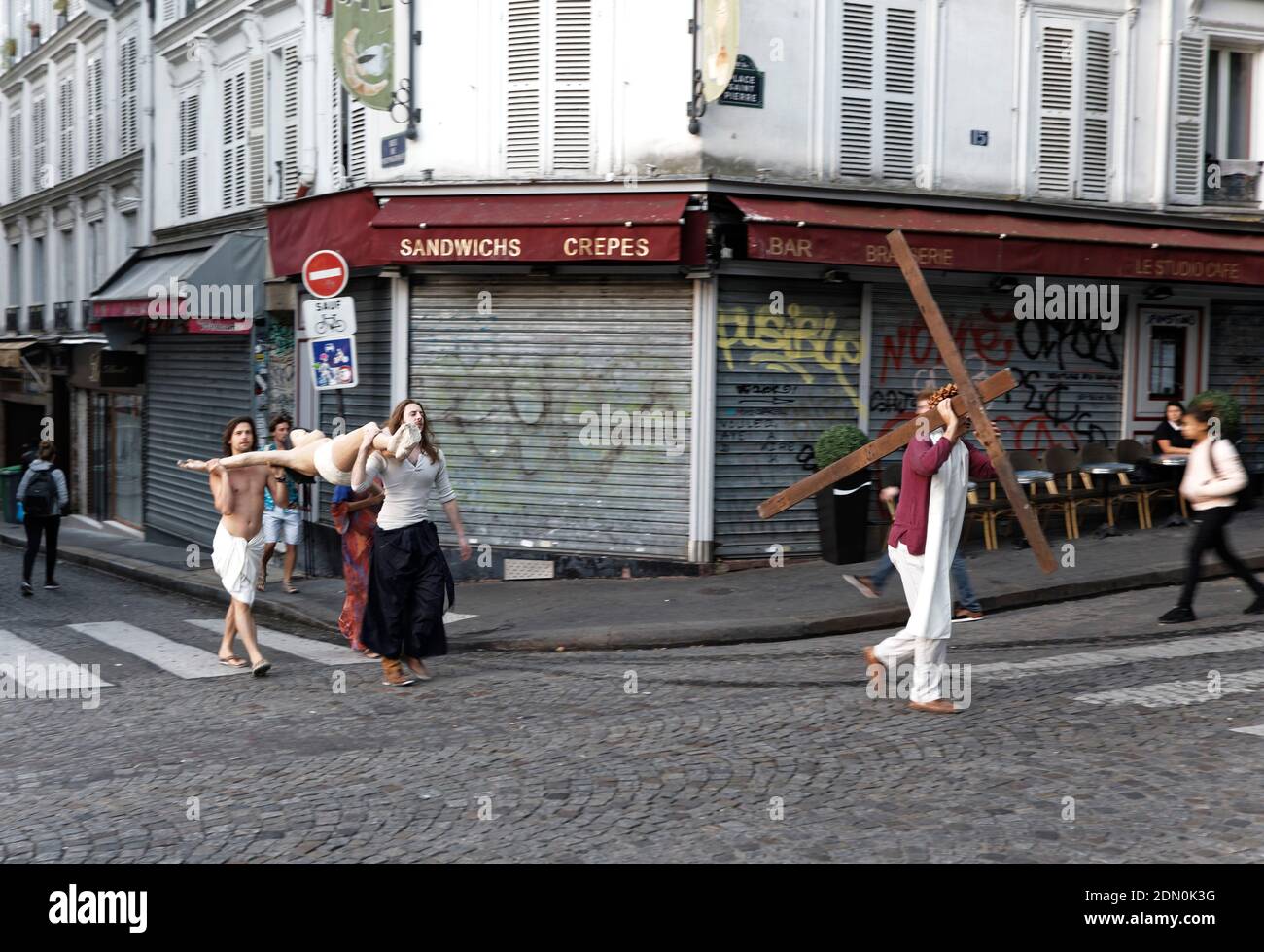 Crucifixion Re-enactment in Montmartre Stock Photo