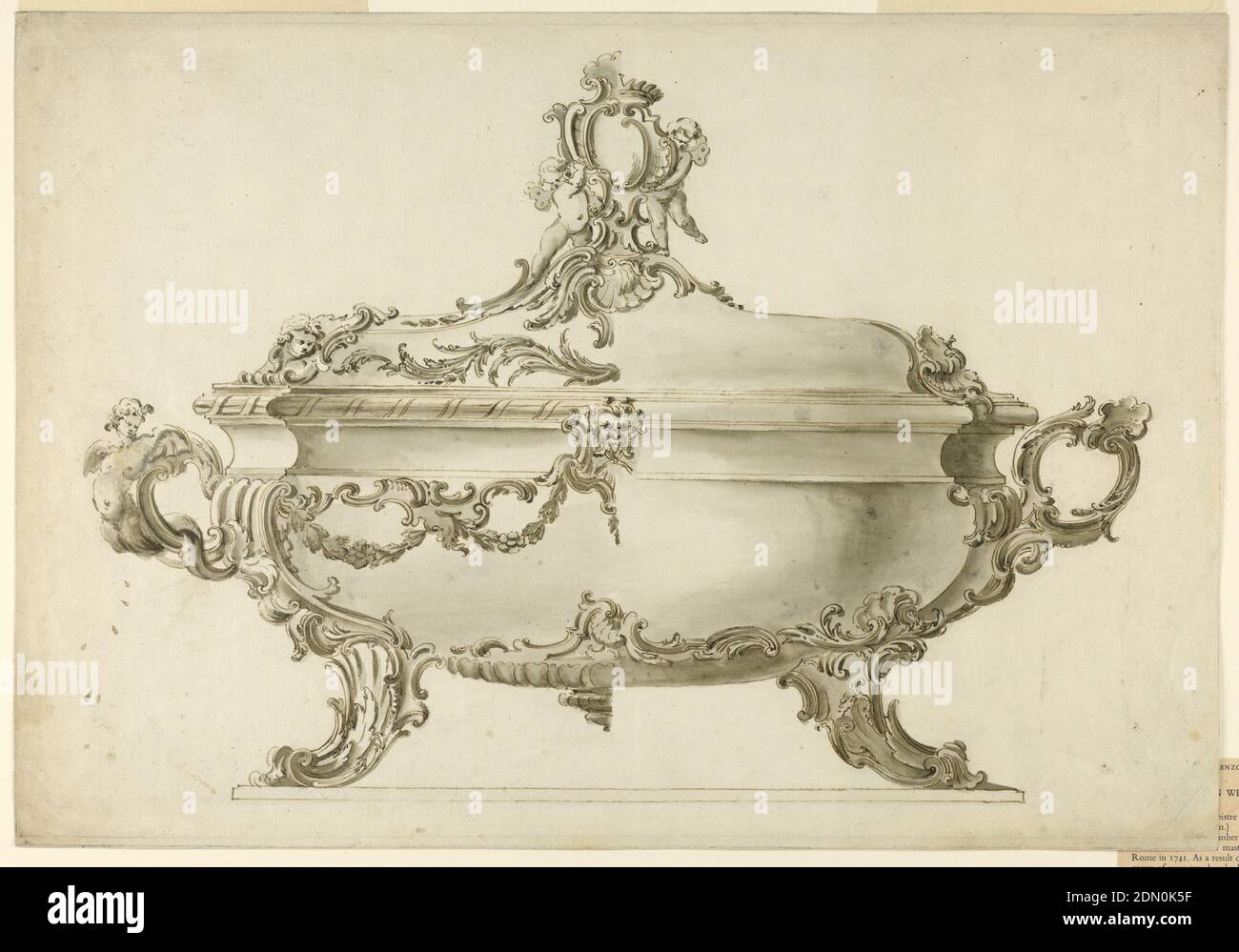 The Elevation of a Silver or Silver Gilt Tureen, Pen and brown ink, brush and gouache, watercolor on off-white laid paper, The left half suggests a much richer decoration--with rocaille and floral motifs--than the right one. The handle at left is composed of scrolls and a sea harp, the right one of scrolls and a shell. Two putti hold an escutcheon on top of the cover., ca. 1750, metalwork, Drawing Stock Photo