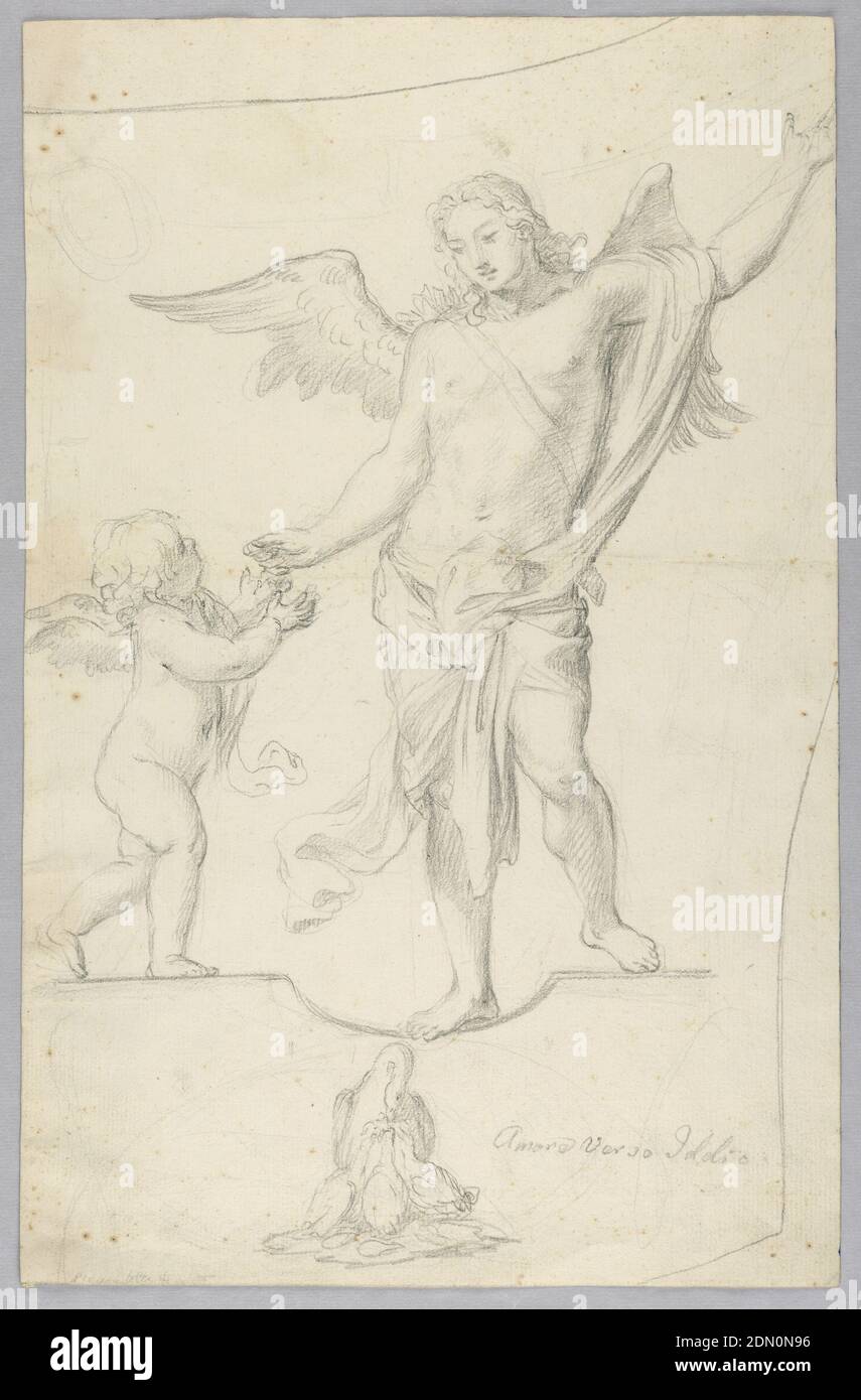 Study for Allegorical Painting, Black crayon on paper, A putto reached for the hand of a grown angel. Below, a mother pelican feeds three young. Subject: the love of god., Italy, 1700–1725, figures, Drawing Stock Photo