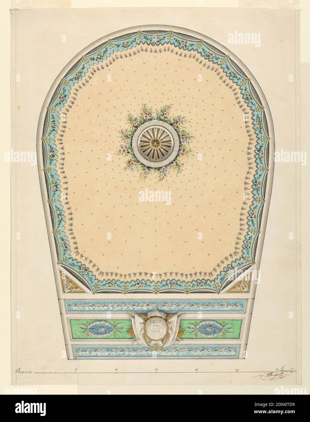 Ceiling Decoration for a Florentine Theater, G. Albergotti, Pen and black ink, watercolor, Italy, ca. 1840, theater, Drawing Stock Photo