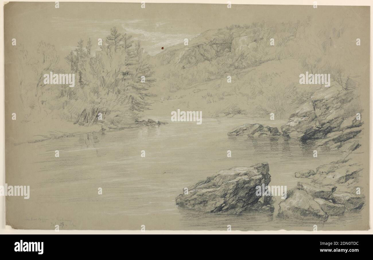 The Androscoggin River at Gorham, New Hampshire, Daniel Huntington, American, 1816–1906, Graphite, black and white crayon on grey-brown paper, River foreground and center. Rocks right foreground and at right. Trees on the banks with rock ridge beyond, right., Gorham, New Hampshire, USA, July 29, 1862, landscapes, Drawing Stock Photo