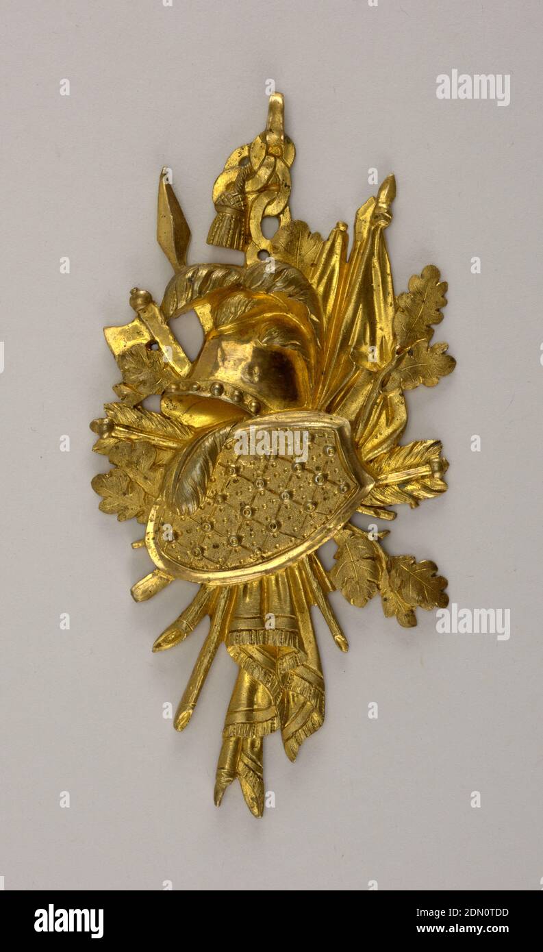 Furniture applique, Gilt bronze, Helmet and flags, oak leaves and