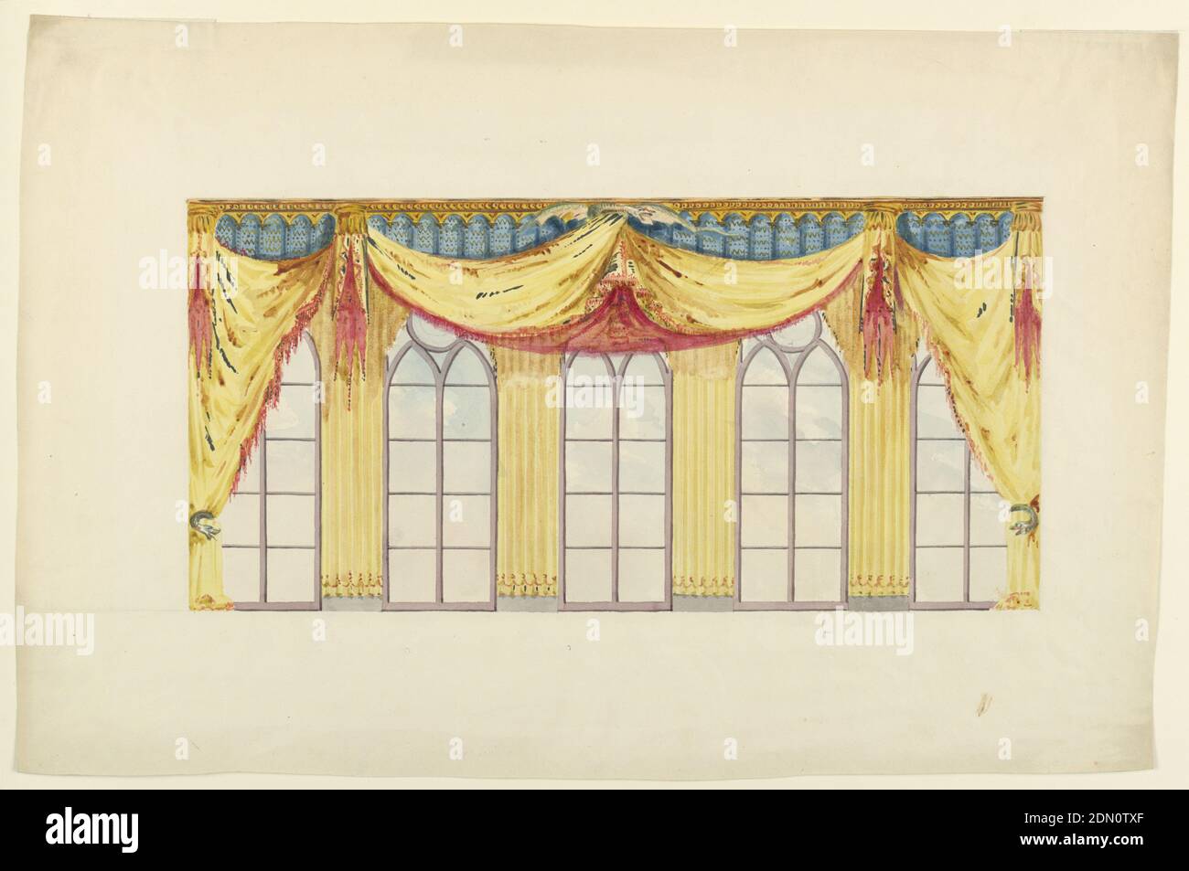 Design for Curtains, for the Music Room or the Banqueting Room, Brighton,  Royal Pavilion, Frederick Crace, English, 1779–1859, Brush and watercolor,  graphite on wove paper, Elevation of a wall, showing a design
