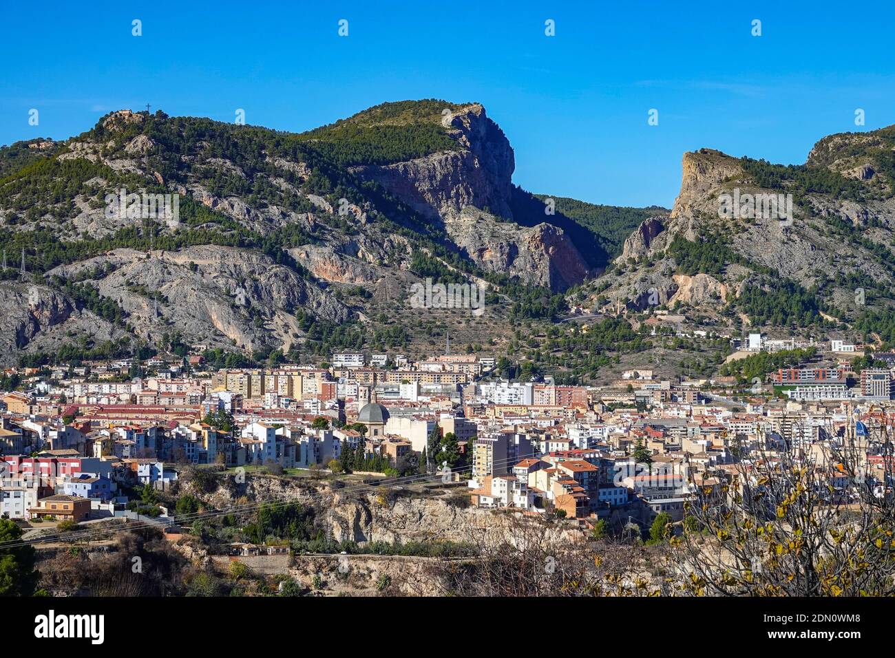 The inland city of Alcoi, Alcoy, Valencia, Spain and its surrounding mountains. Stock Photo