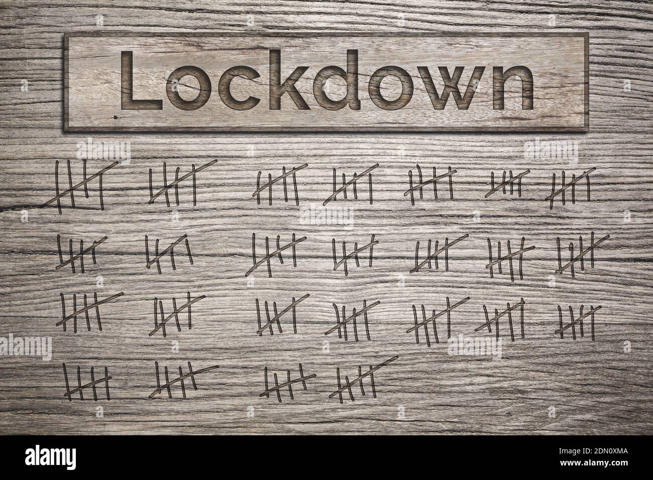 Lockdown duration count - markings on wood Stock Photo