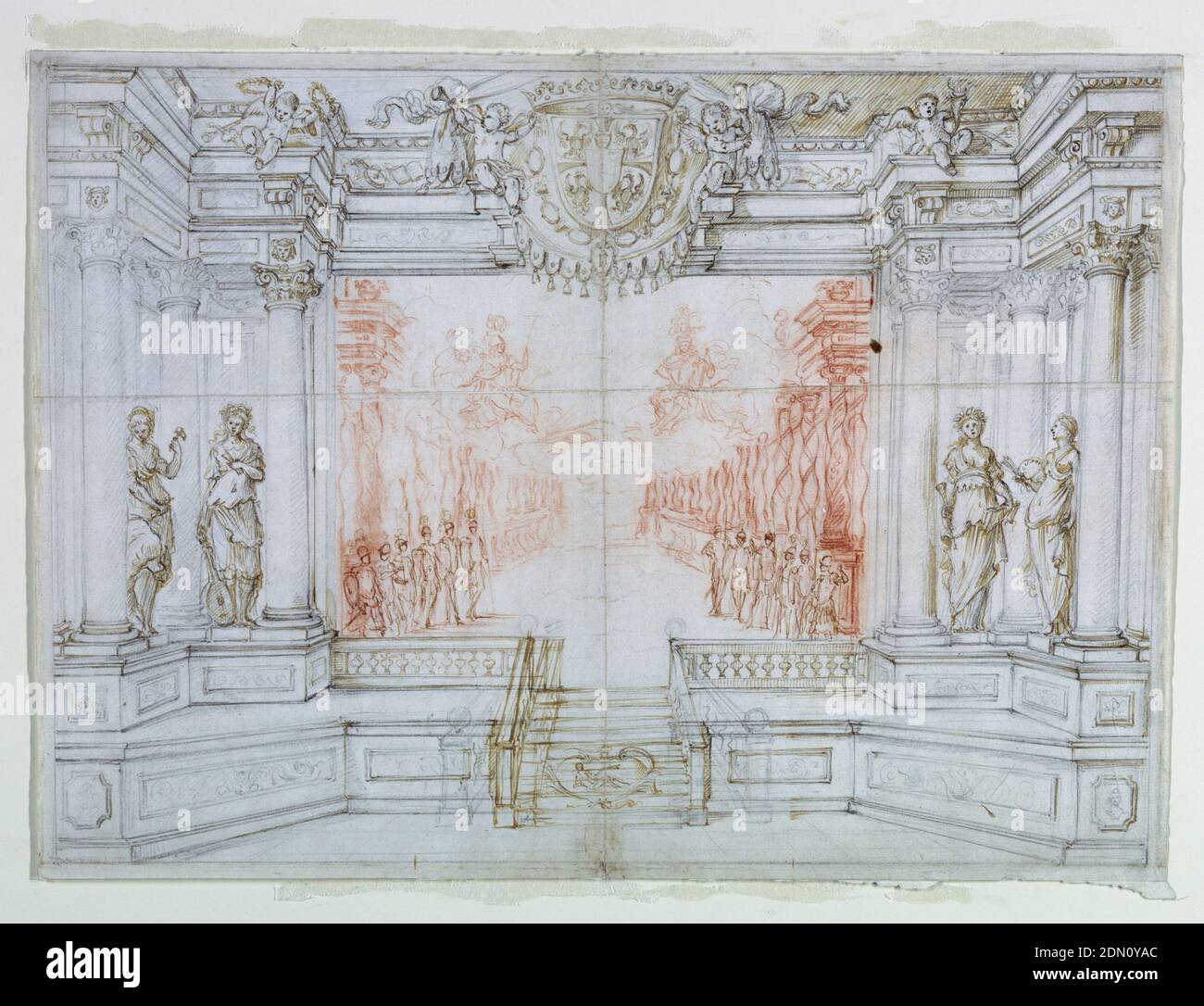 Proscenium and Stage Design: Scene 1, Ballet celebrating the marriage of Leopoldo Cesare, Duke of Mantua, and Claudia Felice, Archduchess of Austria, 1674, Giuseppe Maria Mitelli, 1634 – 1718, Leopold I, Austrian, 1640 - 1705, Claudia Felicitas, Italian, 1653 - 1676, Pen and brown ink, black and red chalk on white laid paper, A view of a stage and elaborate proscenium arch, through which a scene featuring a deep perspectival view populated by classical dieties. The red chalk is restricted to the figures and setting on stage, creating a strong contrast between the drama Stock Photo