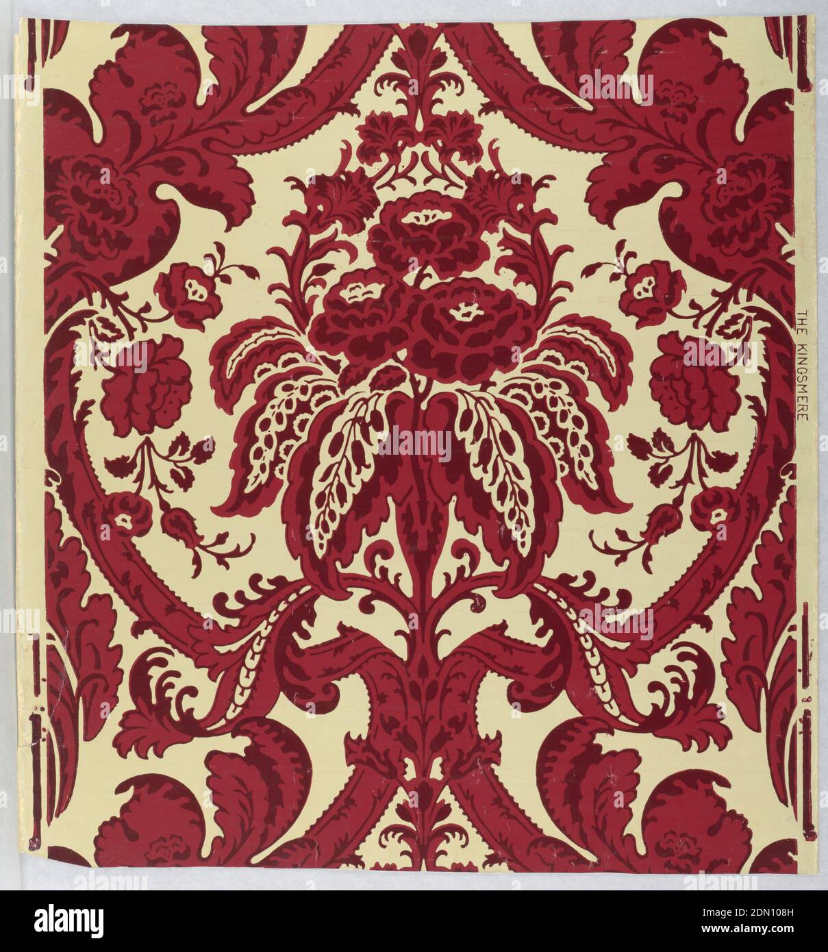 The Kingsmere, Block-printed on paper, Full width giving one repeat of design of ogival framework enclosing bouquet. Printed in reds on ivory satin ground., England, 1882, Wallcoverings, Sidewall, Sidewall Stock Photo