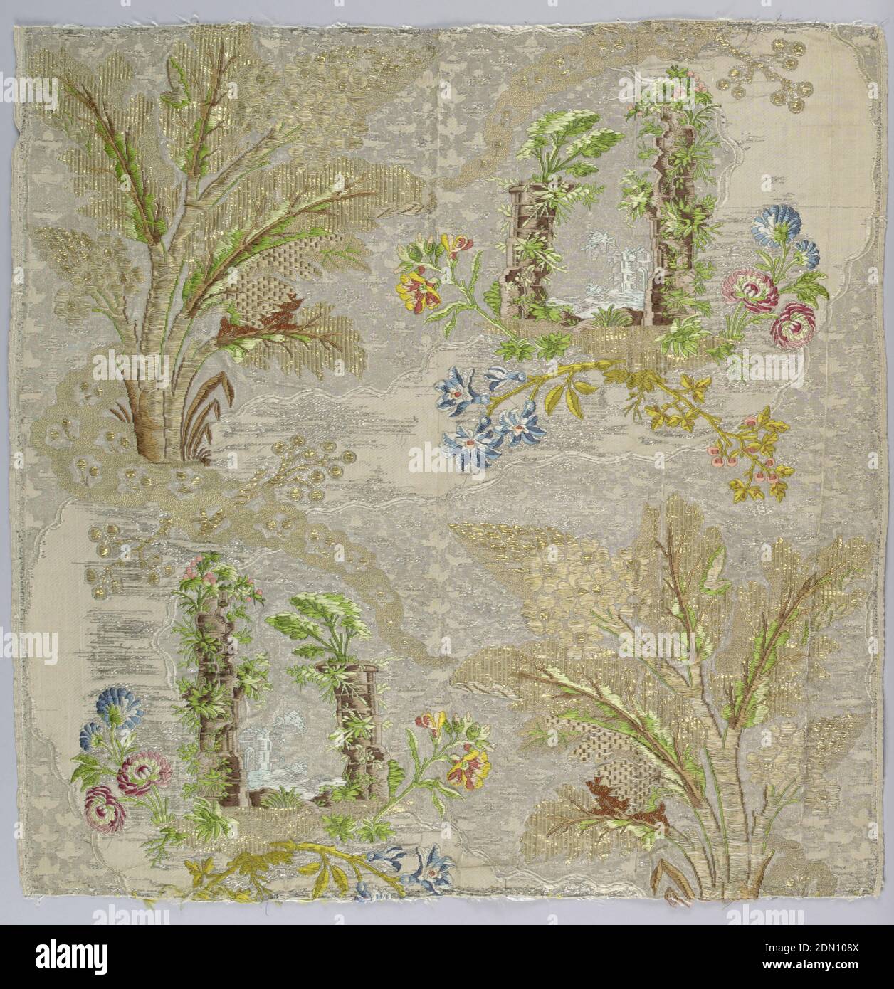 Fragment, Medium: silk, metallic thread Technique: twill weave with supplementary weft, Panel of cream and silver fabric heavily brocaded with gold thread and multicolored silks. Pattern has architectural ruins and flowers in the lower left and upper right corners while the lower right and upper left corners have trees with decorative foliage., France, 1700–1750, woven textiles, Fragment Stock Photo