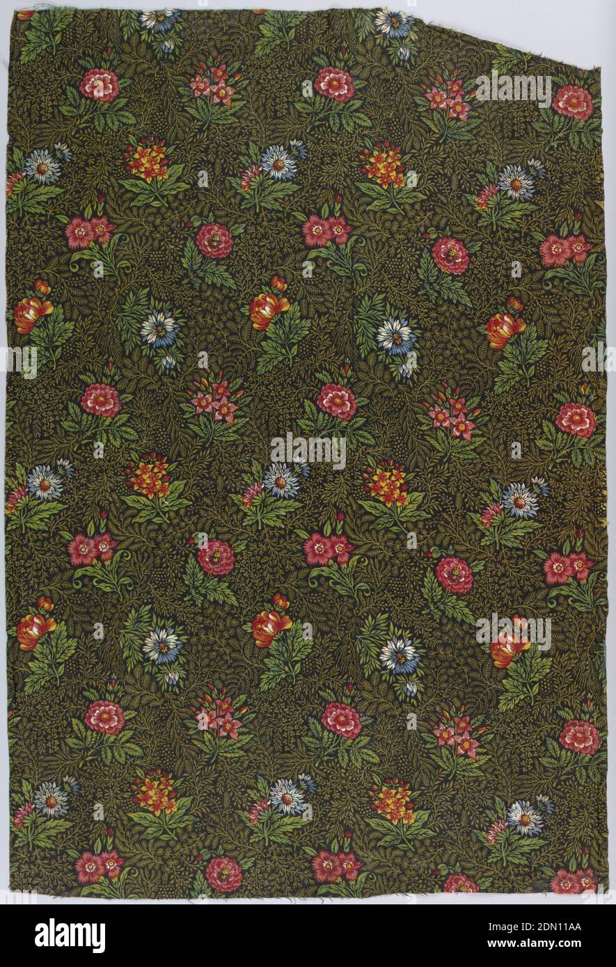 Textile, Medium: cotton Technique: block printed, Sprigs of red and blue flowers scattered over a ground print of fine foliage patterns densely drawn in brown on a black ground. Right selvedge intact., France, ca. 1790, printed, dyed & painted textiles, Textile Stock Photo