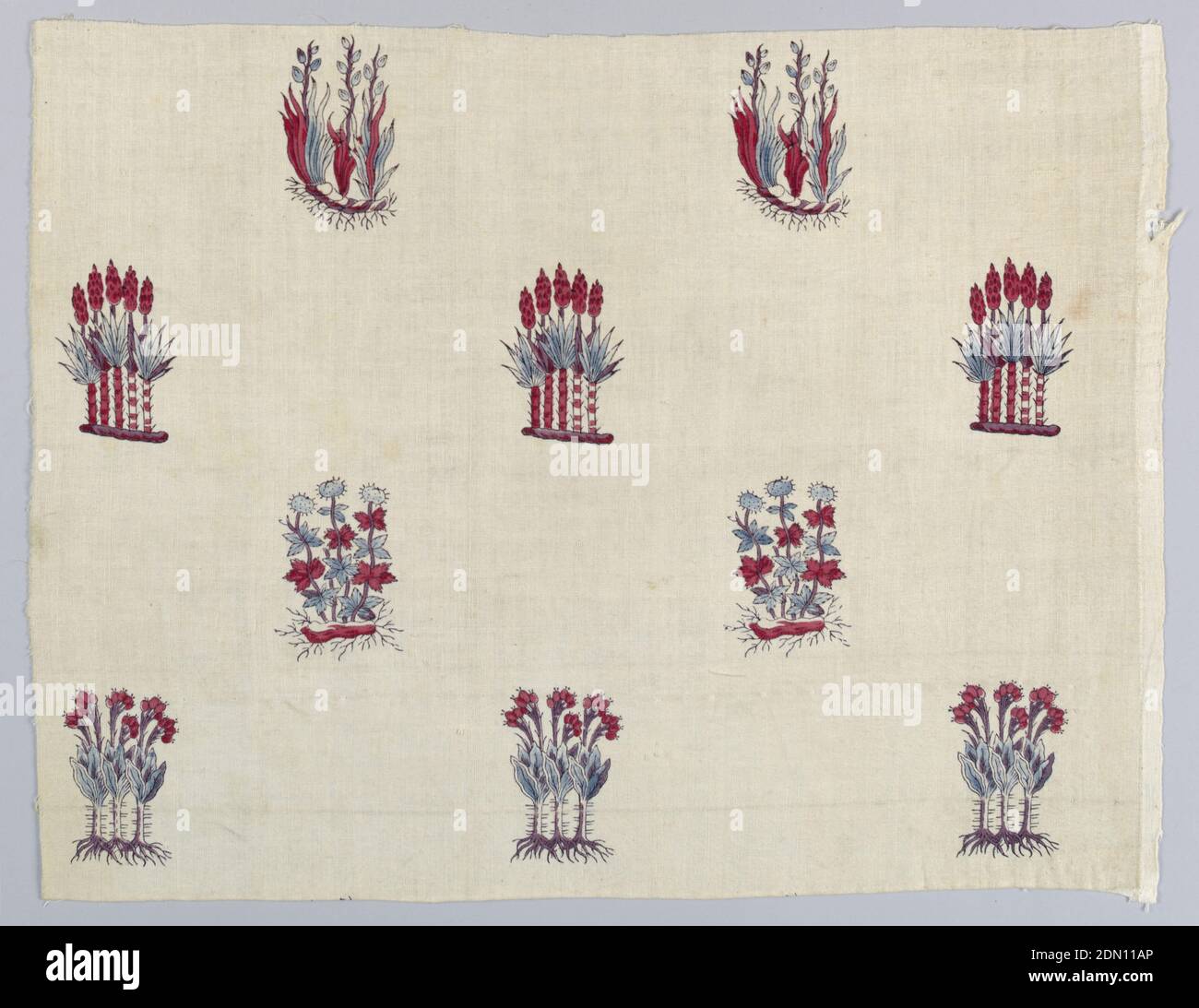 Textile, Medium: cotton Technique: block printed on plain weave, Fragment of cream white cotton, block printed in detached design of small flower clusters and clusters of buds, with roots showing; colors now appearing, red, brown and blue. Manufacture de Toiles Peintes de Pourtales and C. a Minster en Alsa ---. This piece was cut by donor from piece illustrated in Clouzot, Plate 66, showing factory stamp as given., Munster, Switzerland, 18th century, printed, dyed & painted textiles, Textile Stock Photo