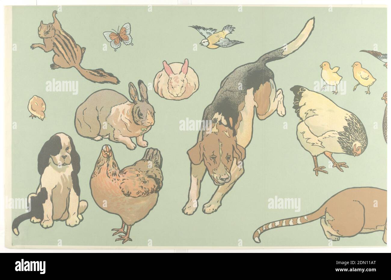 Kindergarten Cut-Outs, The Schmitz-Horning Co., Cleveland, Ohio, 1905 - 1960, Chromolithograph on paper, Animals outlined with thick black line. Farm and domestic animals, including dogs, chickens, rabbits, bird and chipmunk or squirrel. Printed in colors on a green ground. The paper could be applied as is forming a frieze or the animals could be cut out and pasted to the wall or pinned to a fabric wallcoverings., Cleveland, Ohio, USA, 1906, Wallcoverings, Decorative panels, Decorative panels Stock Photo