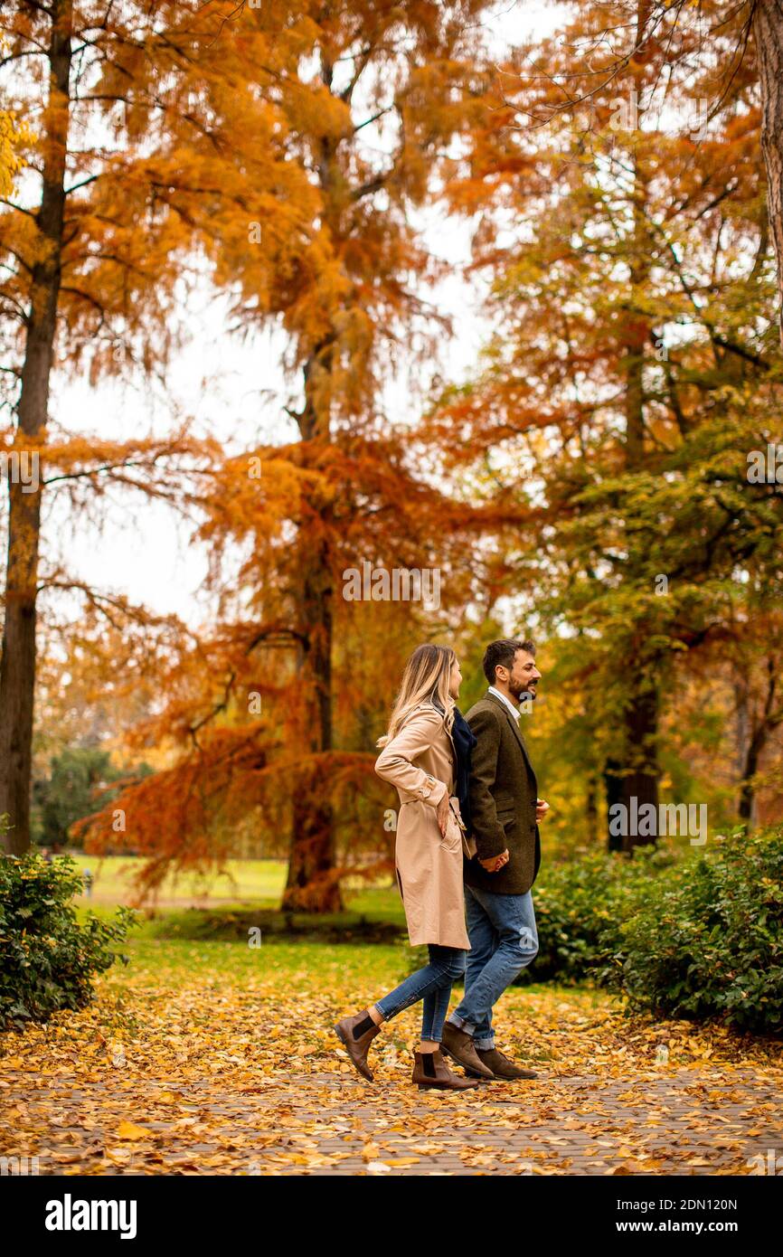 Handsome young couple walking in the autumn park Stock Photo - Alamy