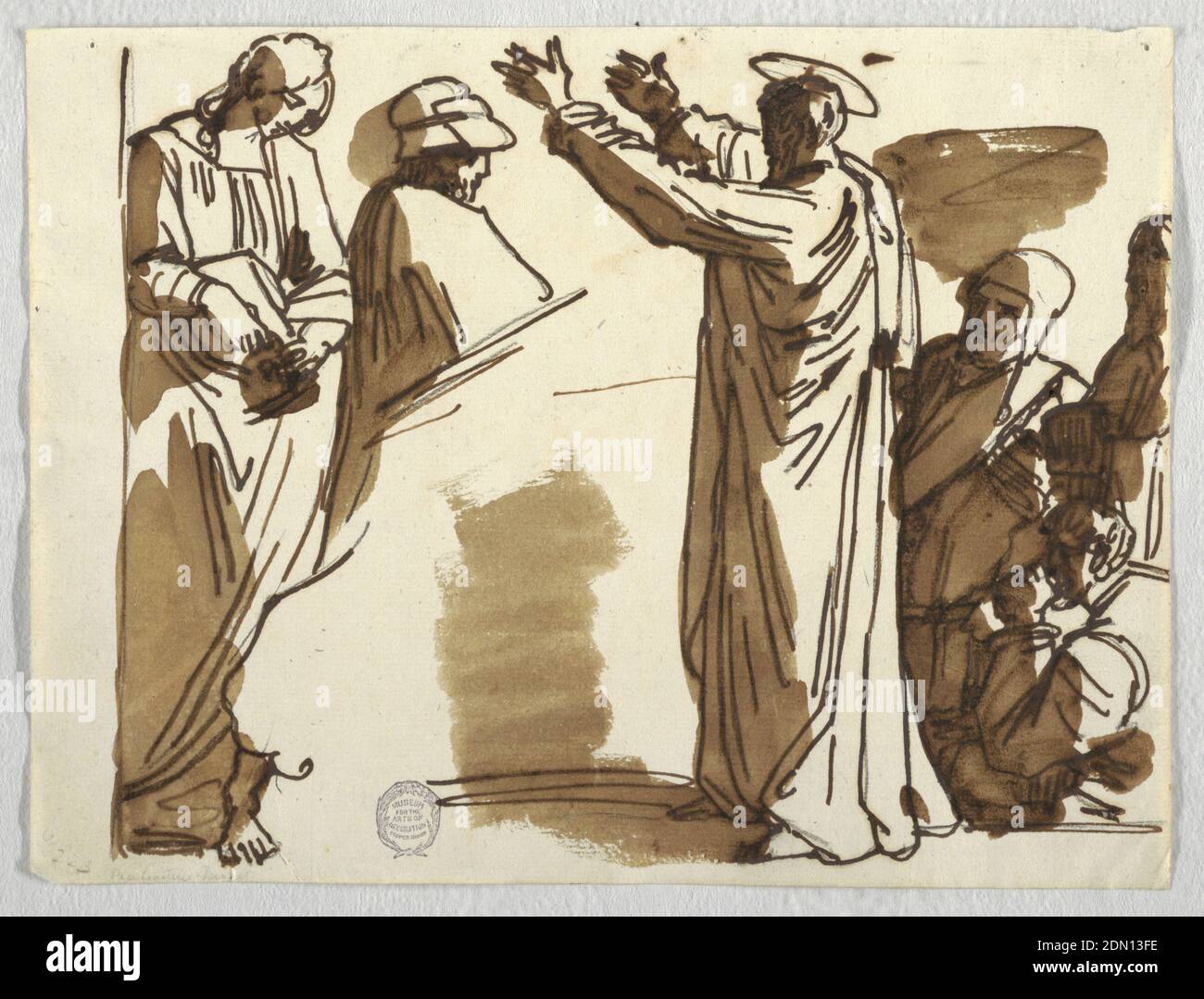Cartoons of Death of Ananias and St. Paul, after Raphael, Felice Giani, Italian, 1758–1823, Pen and dark ink, brush and sepia wash over traces of graphite on laid paper, A haloed figure gestures to a woman and two men., Italy, ca. 1820, graphic design, Drawing Stock Photo