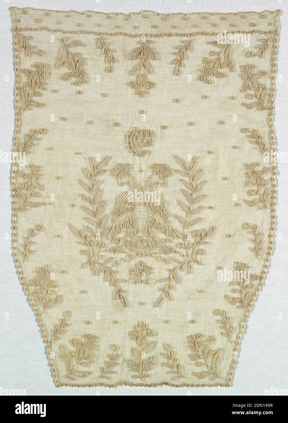 Bag face, Medium: linen Technique: needle lace with a ground of loop & twist with a twist return, Shield-shaped face of a bag, with a central figure of a double headed eagle flanked by olive branches and a border of floral branches., Alençon, France, ca. 1810, lace, Bag face Stock Photo