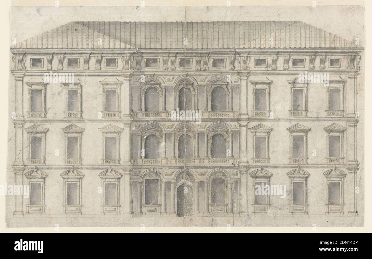 Palace Façade Elevation, Pen and brown ink, brush and grey wash on cream laid paper, Elevation of a three-storied palace, with a triple-bay recessed central section with galleries. The windows are pedimented and the roof is supported on paired brackets, between which are small attic windows., Rome, Italy, 1680–1720, architecture, Drawing Stock Photo