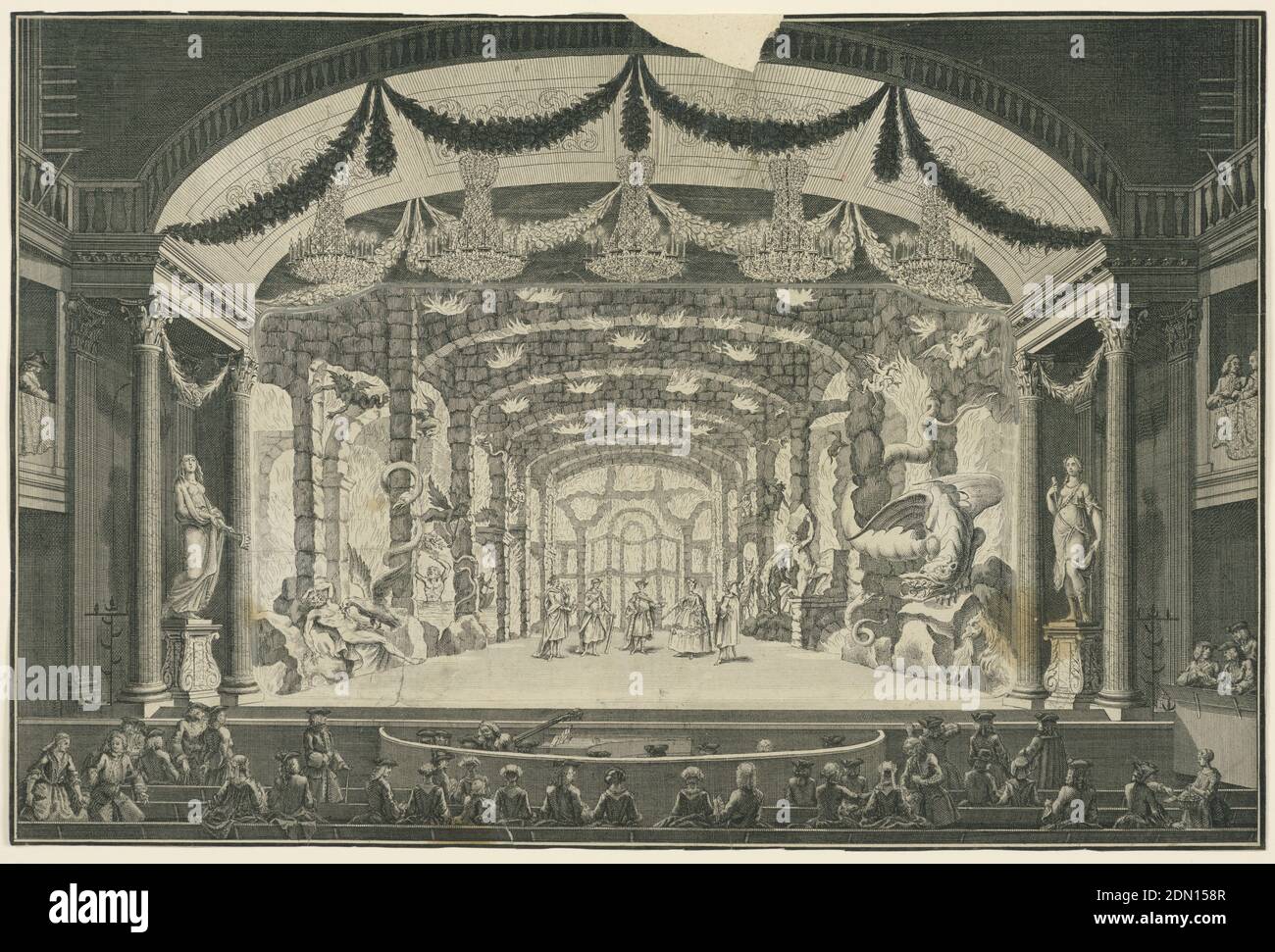 Theater Interior with Performance Taking Place, Engraving on white paper, Horizontal format. Groups of spectators watch a theatrical performance showing a representation of Inferno, with fire and demons. Actors fill the decorated stage; additional spctators in opera boxes at left and right sides. Five large chandeliers hanging from the theater ceiling, which is draped with festoons. Stage design engraved separately., Europe and USA, Netherlands, ca. 1740–60, theater, Print Stock Photo