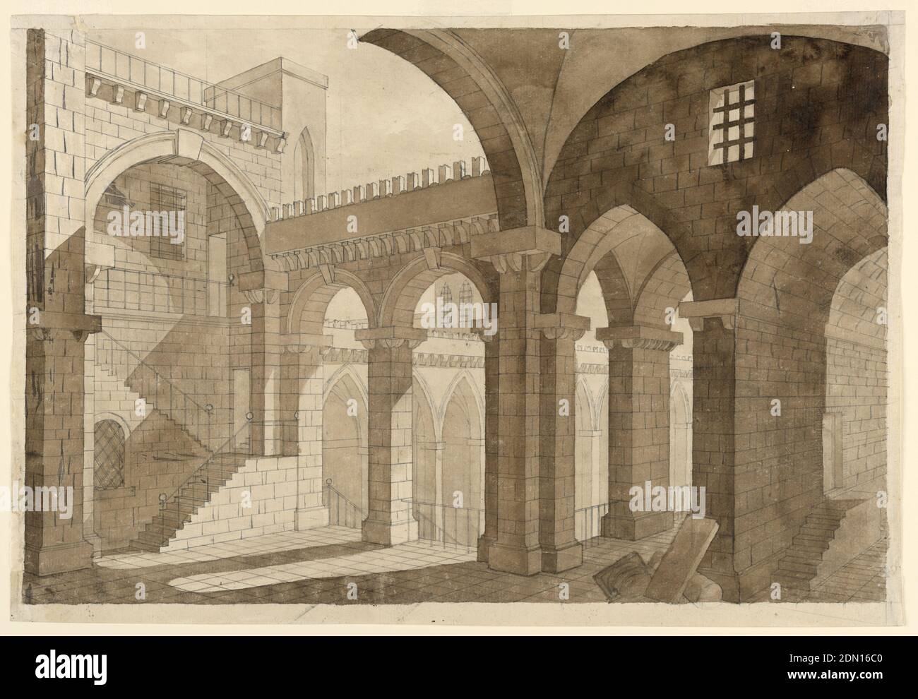 Stage Design, Prison in Gothic Building, Giuseppe Galli Bibiena, Italian, 1696–1756, Pen and bistre ink, brush and wash on paper, Horizontal rectangle. The upper gallery of a prison court. Gothic building with barred windows, large arches, various stairs., Italy, mid- 18th–late 18th century, theater, Drawing Stock Photo