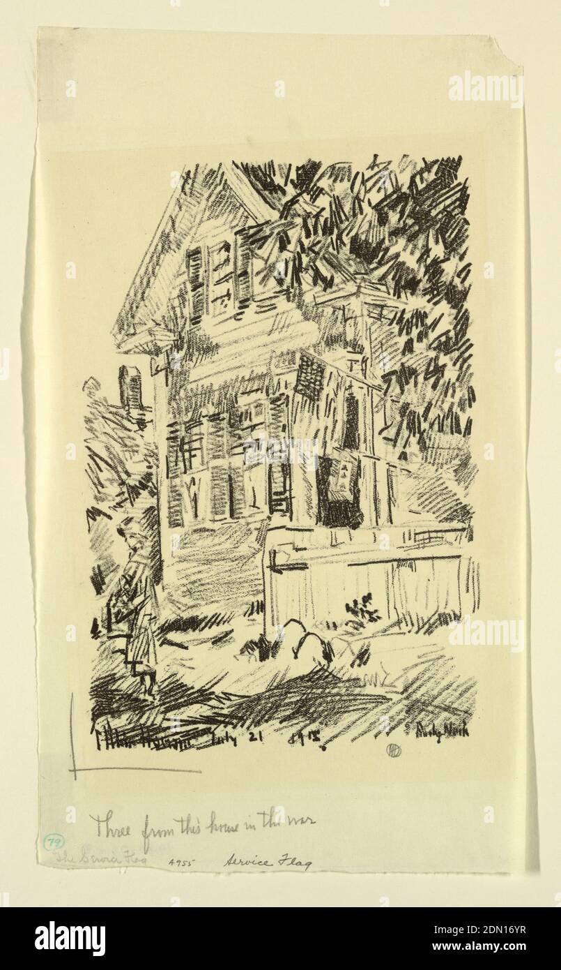 The Service Flag: Three From This House in the War, Childe Hassam, American, 1859–1935, Lithograph on paper, A clapboard house, shaded by a tree, right, has hanging from it an American and a World War I service flag., USA, July 21, 1918, architecture, Print Stock Photo