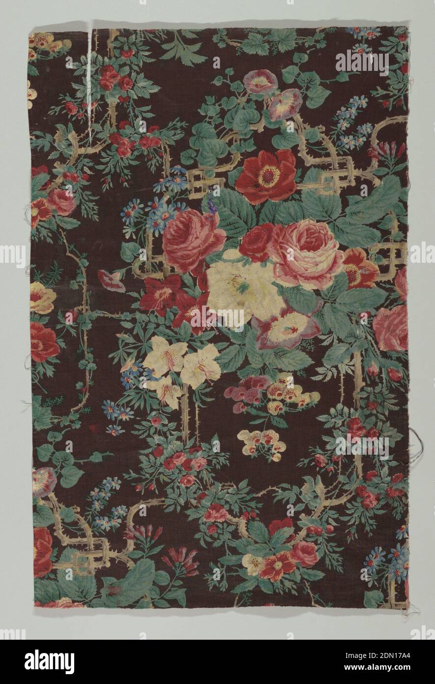 Textile, Medium: cotton Technique: woodblock printed, glazed, Large bouquet of roses with smaller climbing rose brances and other flowers. Background of dark brown and floral pattern in shades of red, green, blue and white., England, late 18th–19th century, printed, dyed & painted textiles, Textile Stock Photo