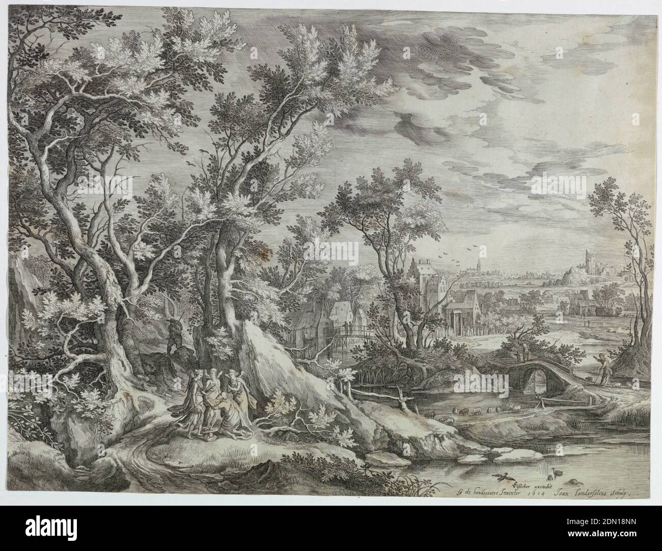 Landscape with Abraham and the Three Angels, Johannes van Londerseel, Flemish, ca. 1570 - ca. 1624, Gysbert Gillisz. de Hondecoeter, Dutch, 1604 - 1653, Cornelis Visscher, Netherlandish, 1629-1658, Engraved on white paper, Landscape with threes and a roat at right. Kneeling Abraham and three angels on it. Left mid-distance several houses; a church and ruins of a castle at horizon., Netherlands, 1614, Print Stock Photo