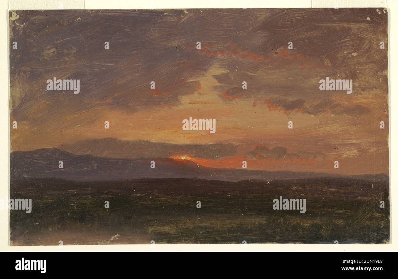 Hudson Valley, New York with Sun Setting Behind the Catskill Mountains, Frederic Edwin Church, American, 1826–1900, Brush and oil on cardboard., Horizontal view of setting sun behind the Catskill Mountains, which are seen from across the valley., 1855–65, landscapes, Drawing Stock Photo