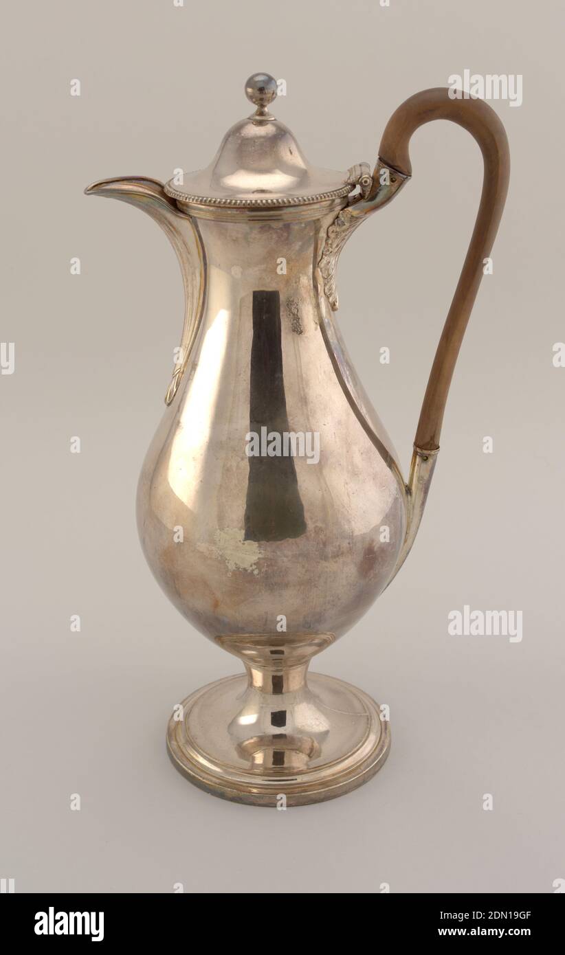 Coffee pot, copper, silver, wood, Tall pear-shaped body on collet foot; hinged domed lid with ball finial; long, flat spout with shallow flutes, joined at bottom with shell mount; long hardwood loop handle joined at bottom with long tubular socket and at top with elaborate acanthus mount; beading around base of lid., Sheffield?, England, ca. 1785, metalwork, Decorative Arts, Coffee pot Stock Photo