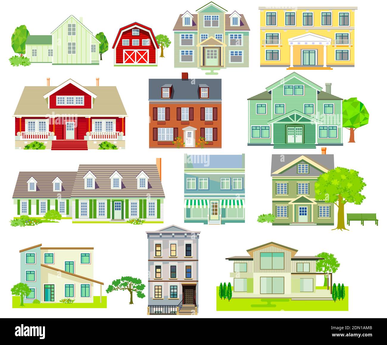 Set of various family houses and apartment houses, country houses, wooden houses Stock Vector